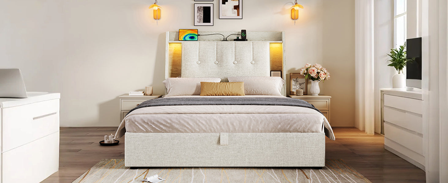 Logidon gestoffeerd bed 90x200 beige linnenlook USB C oplaadfunctie LED