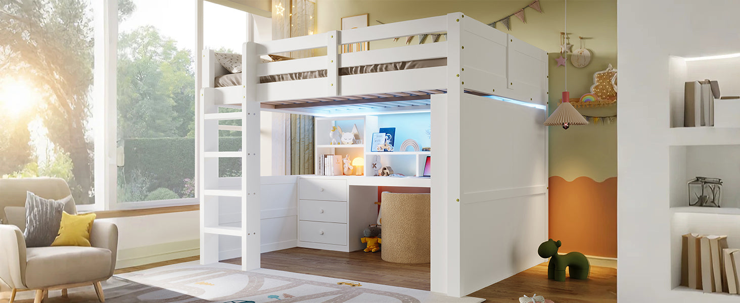 Logidon hoogslaper, 140x200cm, met LED verlichting, kledingkast, bureau, lades, opbergvakken, zonder matras, wit