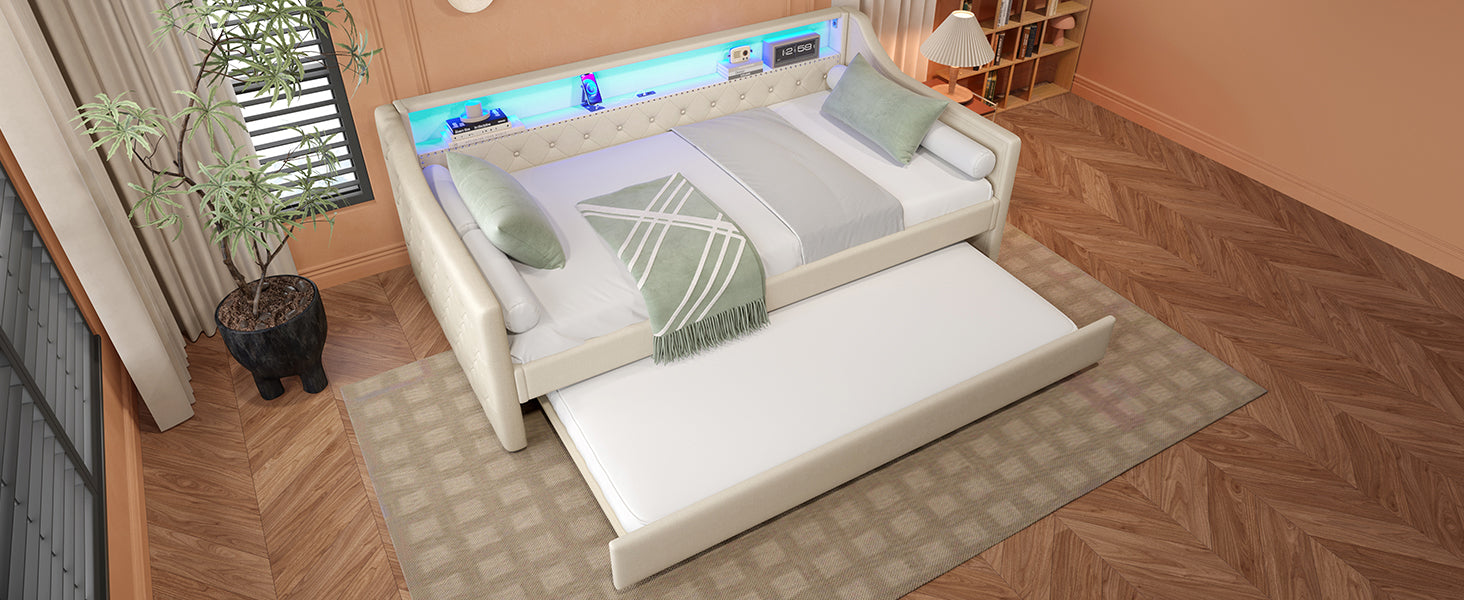 Logidon Daybed 90x200 beige linnen slaapbank LED USB lattenbodem