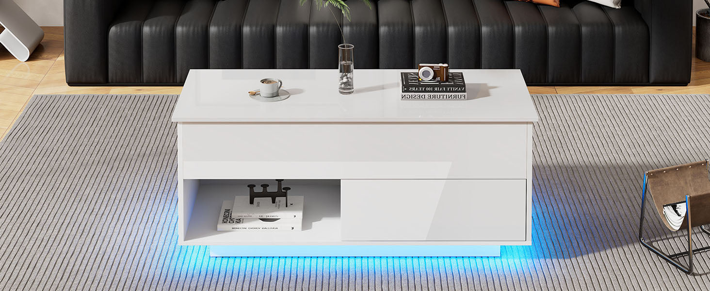 Logidon hoogglans hefsalontafel 100 x 50 cm witte LED-verlichting