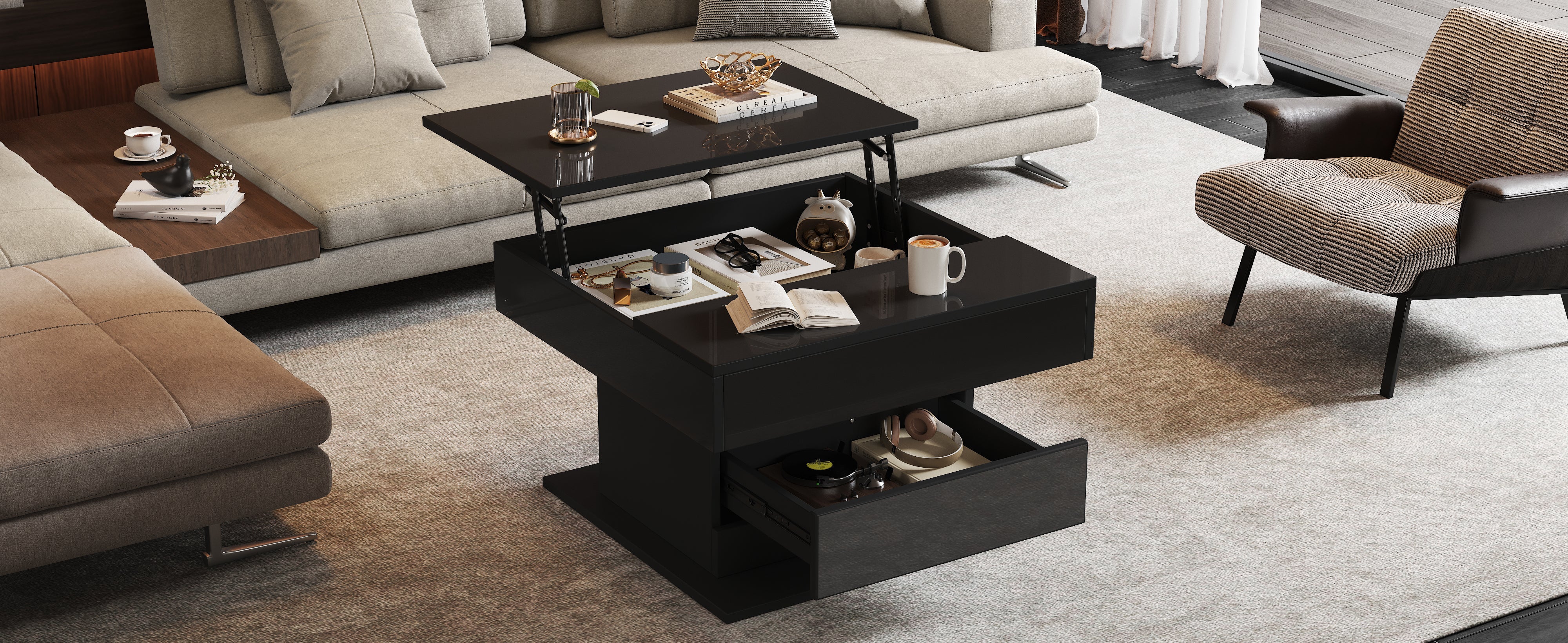 Logidon Salontafel 70x70 cm met draaibaar blad en lade zwart