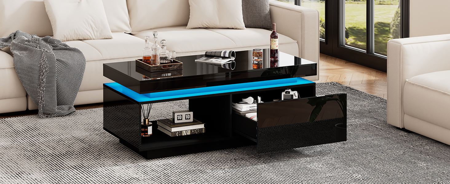 Logidon hoogglans salontafel zwart met LED verlichting 100x50x40 cm