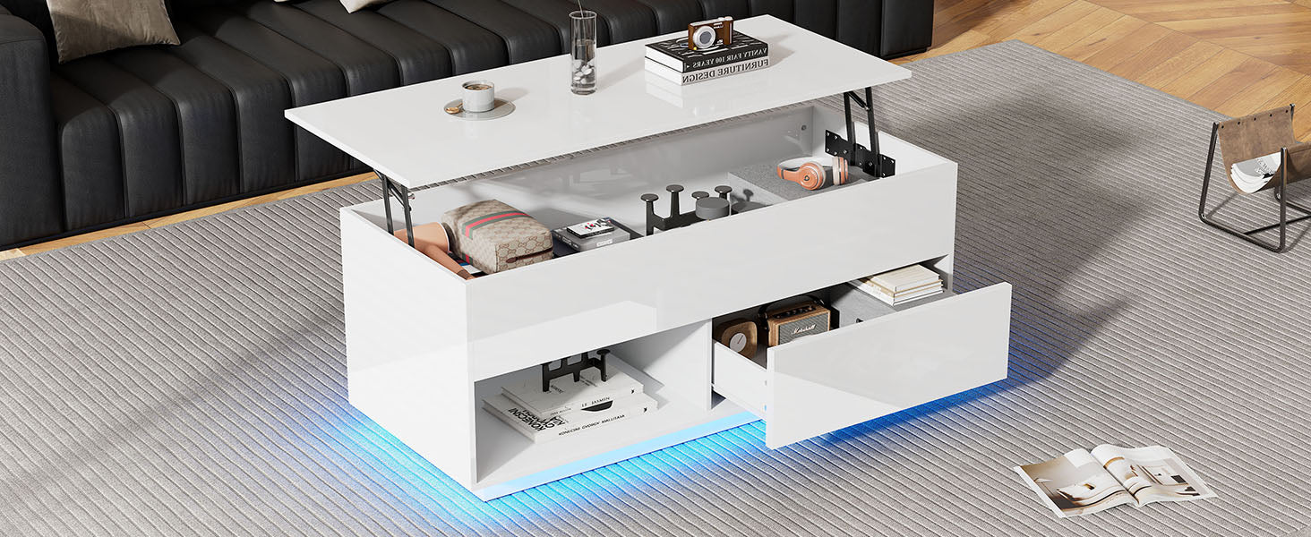 Logidon hoogglans hefsalontafel 100 x 50 cm witte LED-verlichting