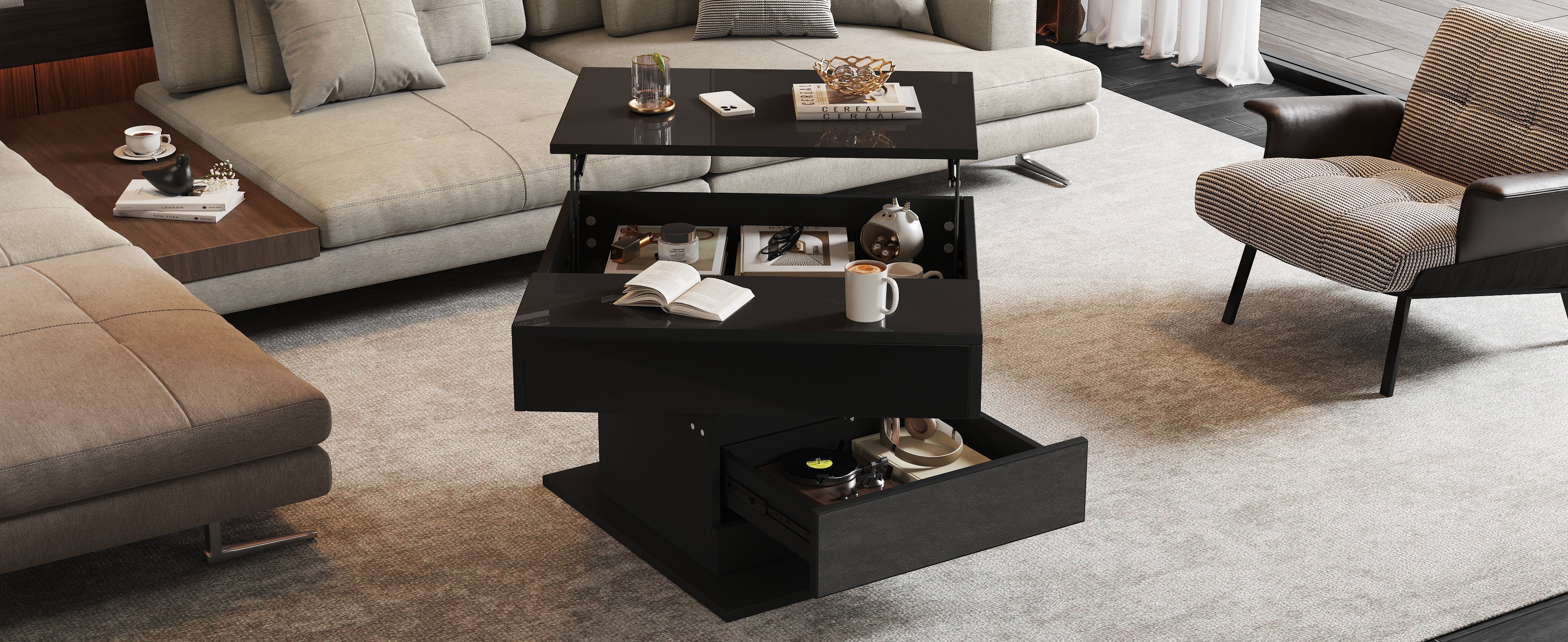 Logidon Salontafel 70x70 cm met draaibaar blad en lade zwart