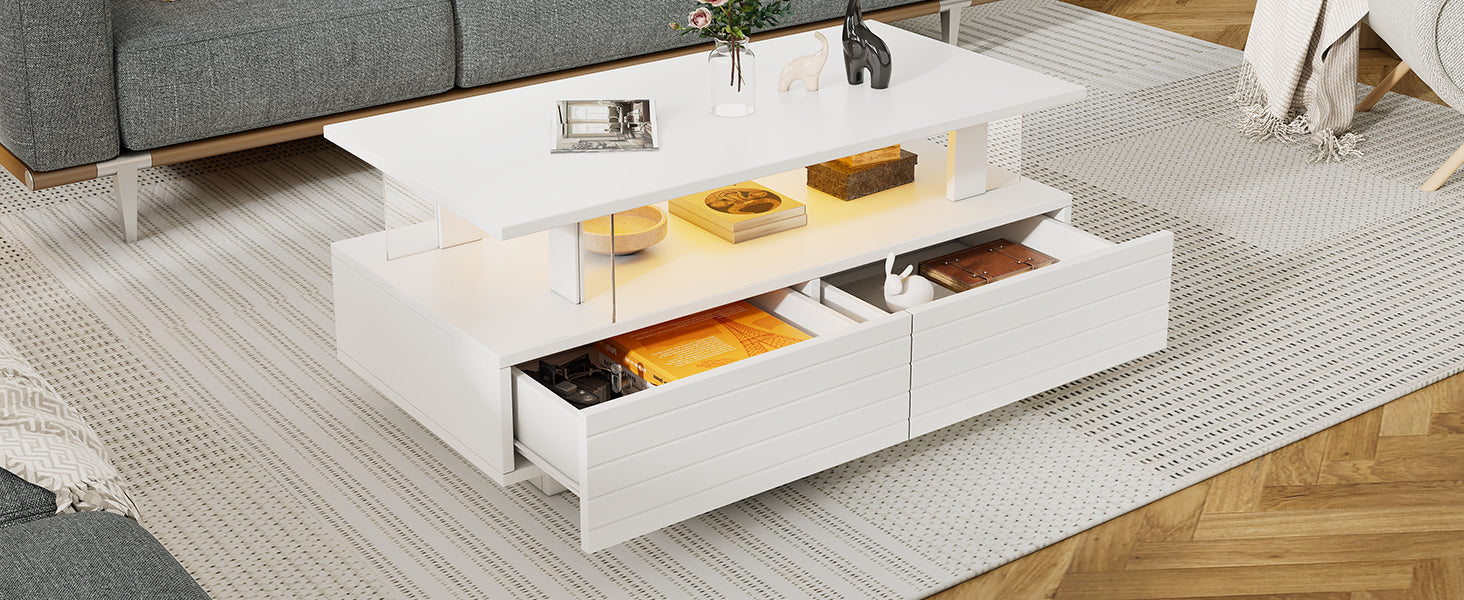 Logidon Witte LED Salontafel met Opbergruimte Bluetooth App Bediening 100x50x42 Cm