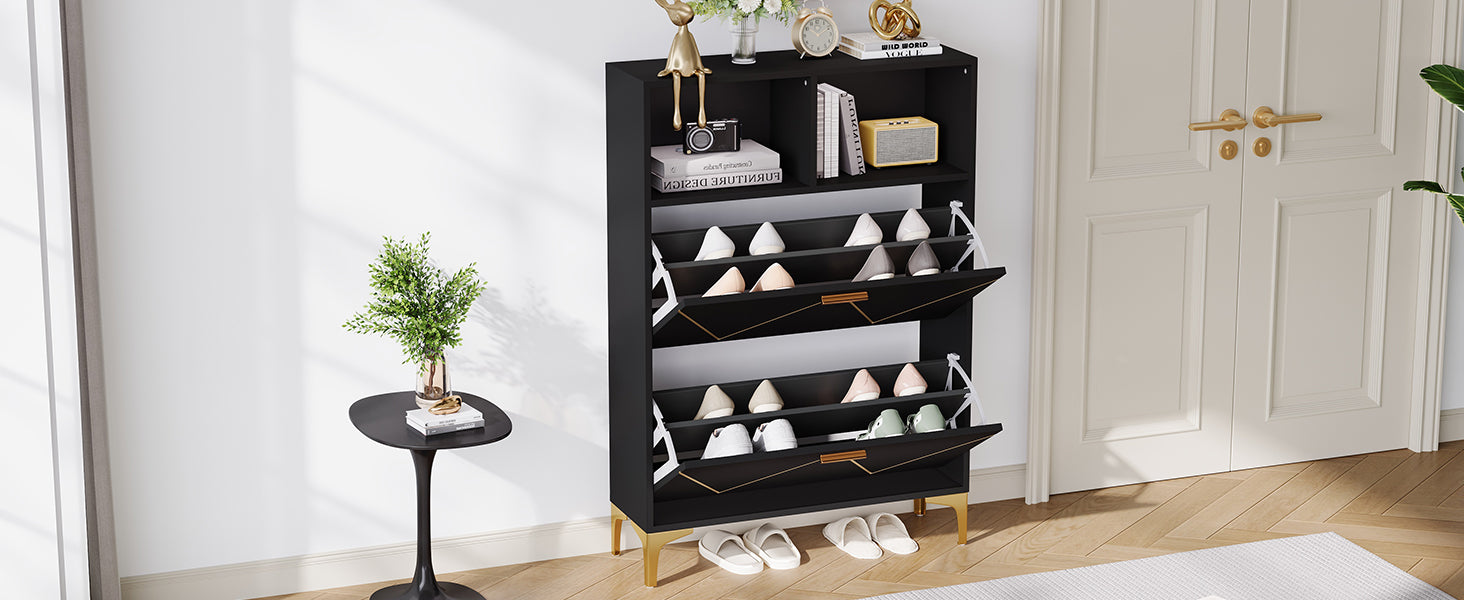 Logidon shoe cabinet 80x25x117 cm black with folding doors and four shoe shelves