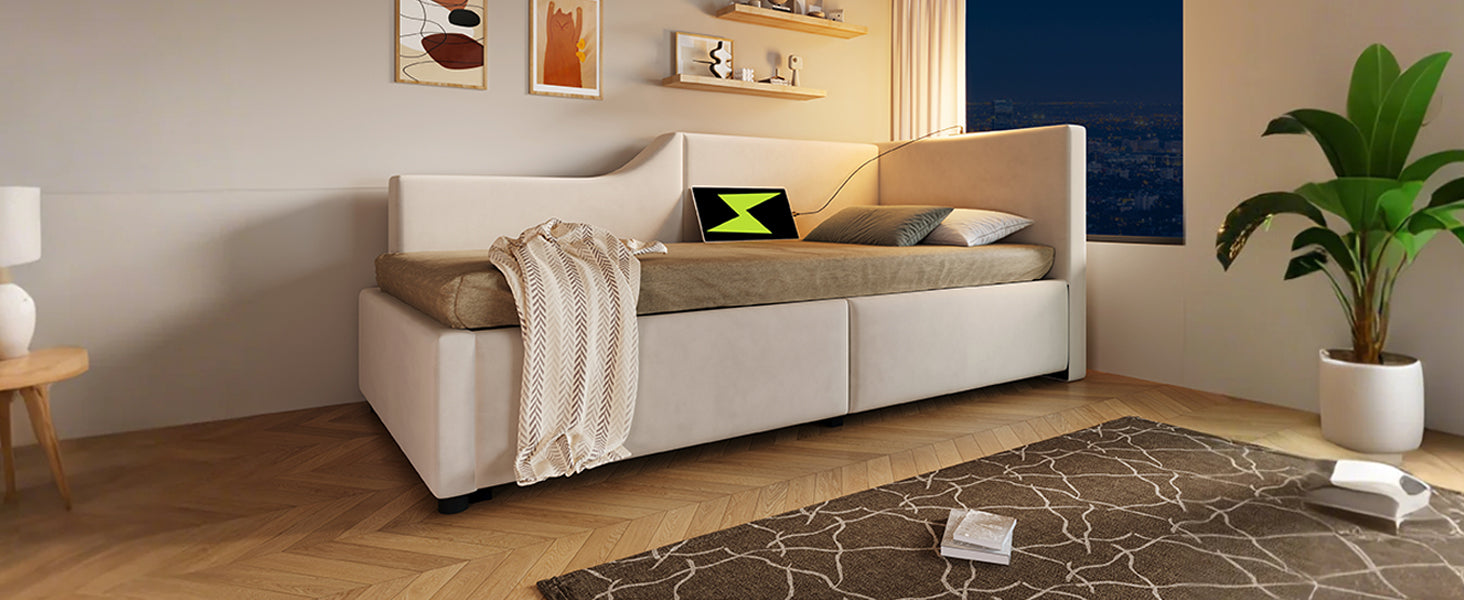 Logidon gestoffeerd bed 90x200 beige fluweel met opbergruimte USB oplaadfunctie