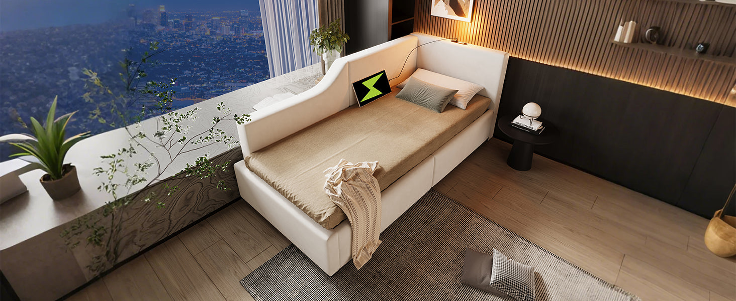 Logidon gestoffeerd bed 90x200 beige fluweel met opbergruimte USB oplaadfunctie