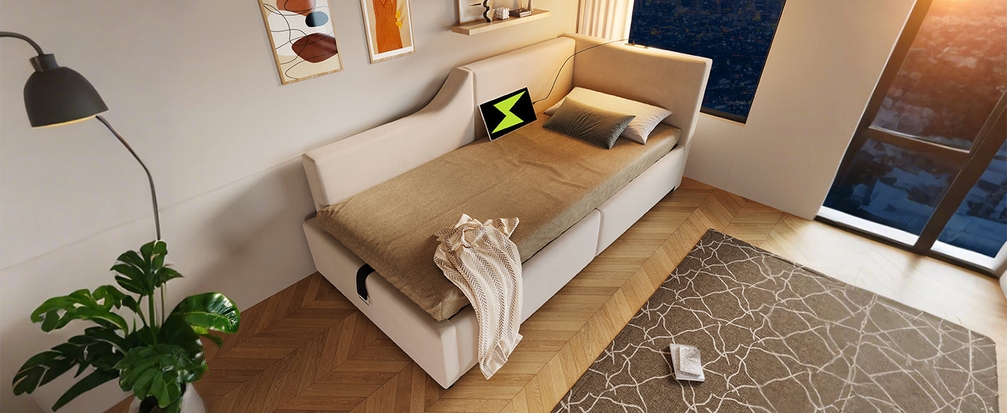 Logidon gestoffeerd bed 90x200 beige fluweel met opbergruimte USB oplaadfunctie