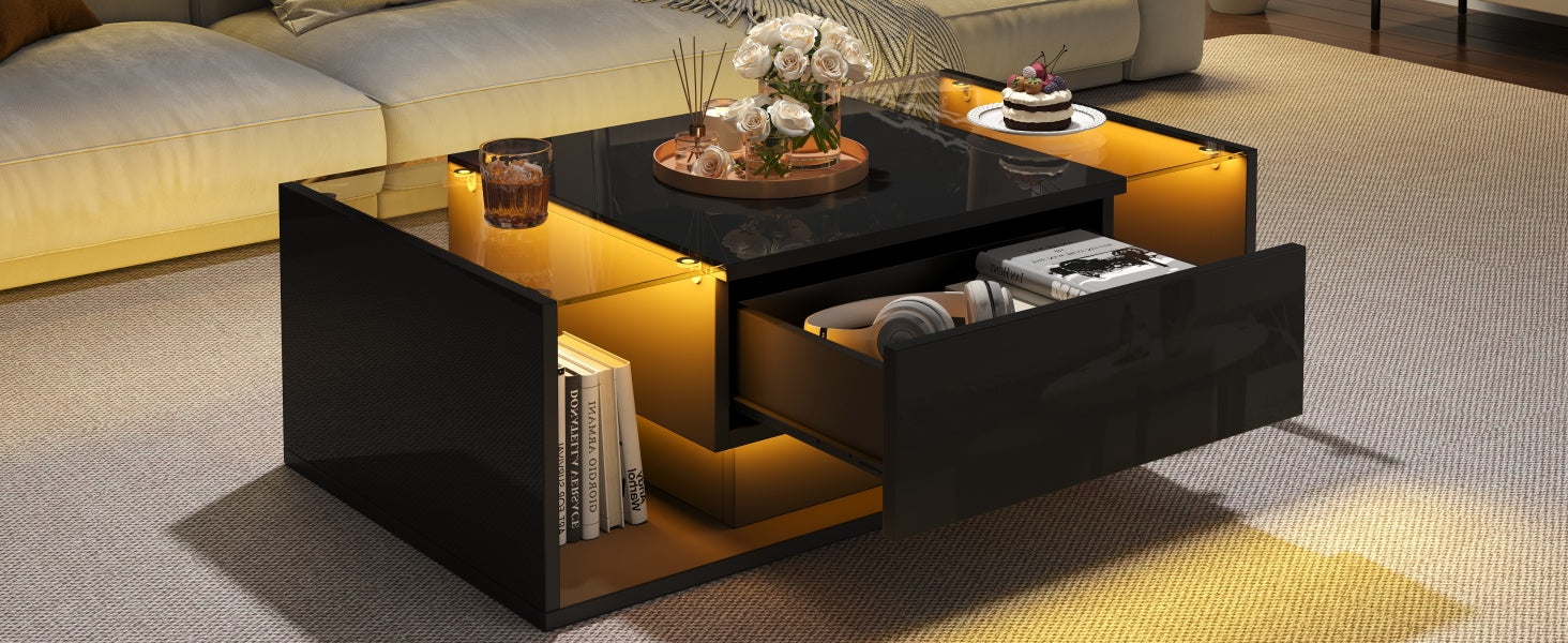 Logidon Zwarte hoogglans salontafel 100x50x31 cm met lade LED lichtstrip