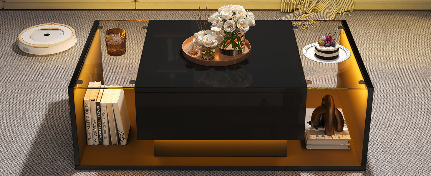 Logidon Zwarte hoogglans salontafel 100x50x31 cm met lade LED lichtstrip