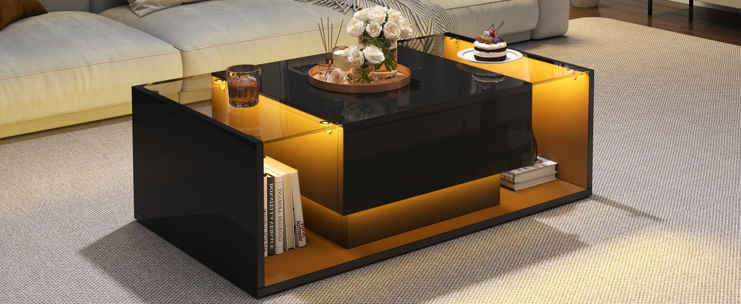 Logidon Zwarte hoogglans salontafel 100x50x31 cm met lade LED lichtstrip