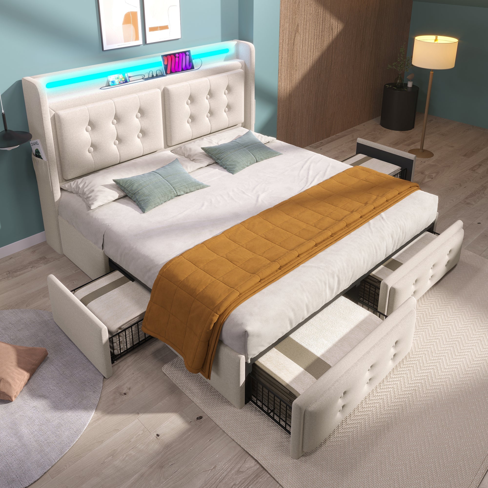 Logidon gestoffeerd bed 160x200 beige LED hoofdbord USB C oplaadfunctie 4 lades