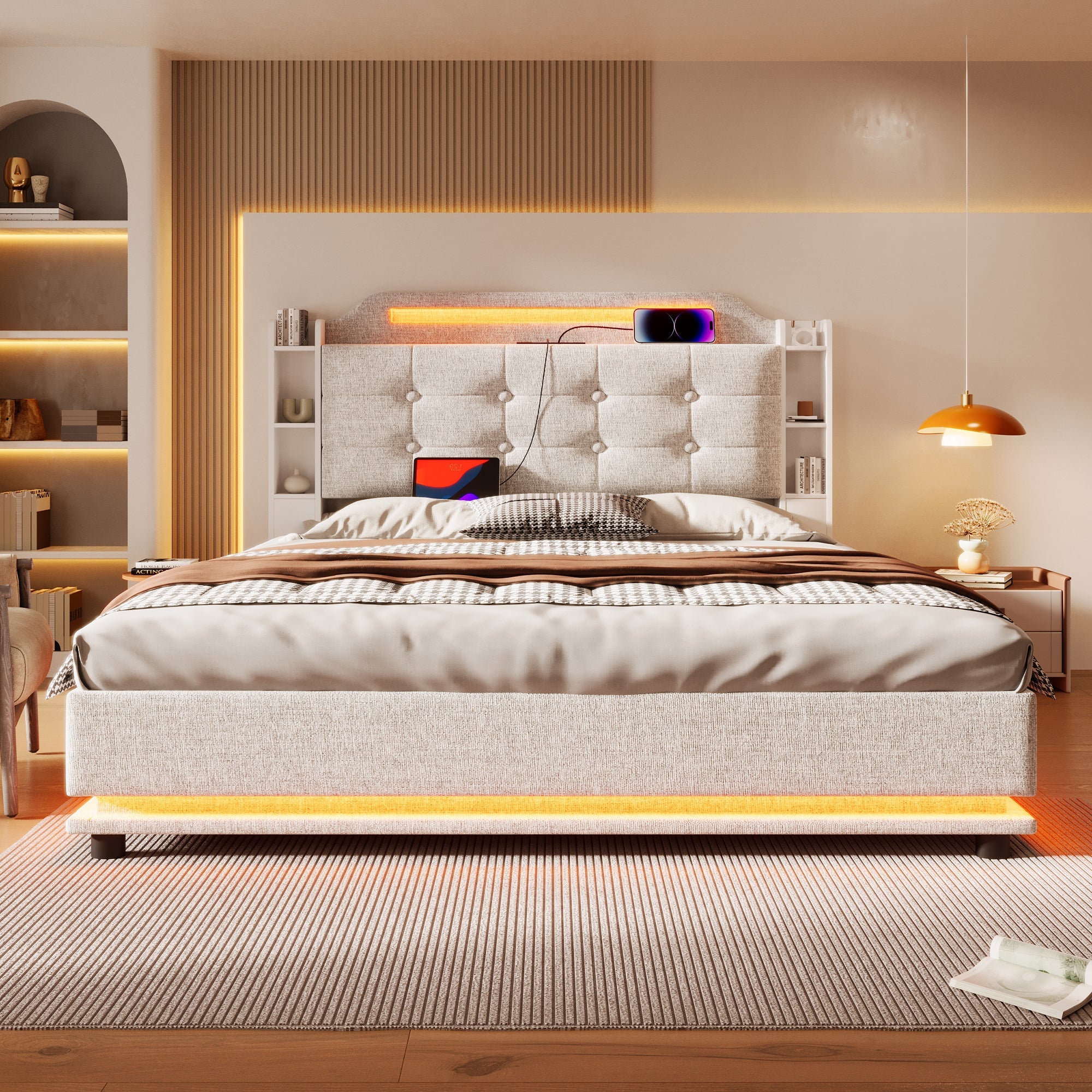 Logidon gestoffeerd bed 140x200 beige met LED lichtstrip en opbergruimte