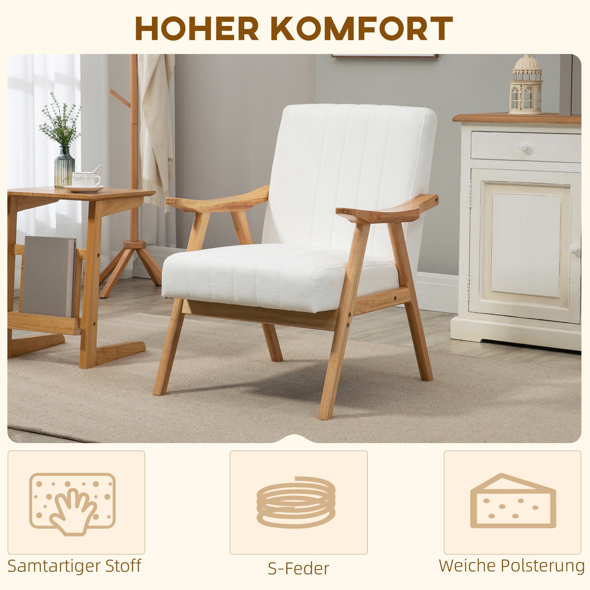 Logidon gestoffeerde stoel fluweellook crème armleuningen 68x74x82 cm