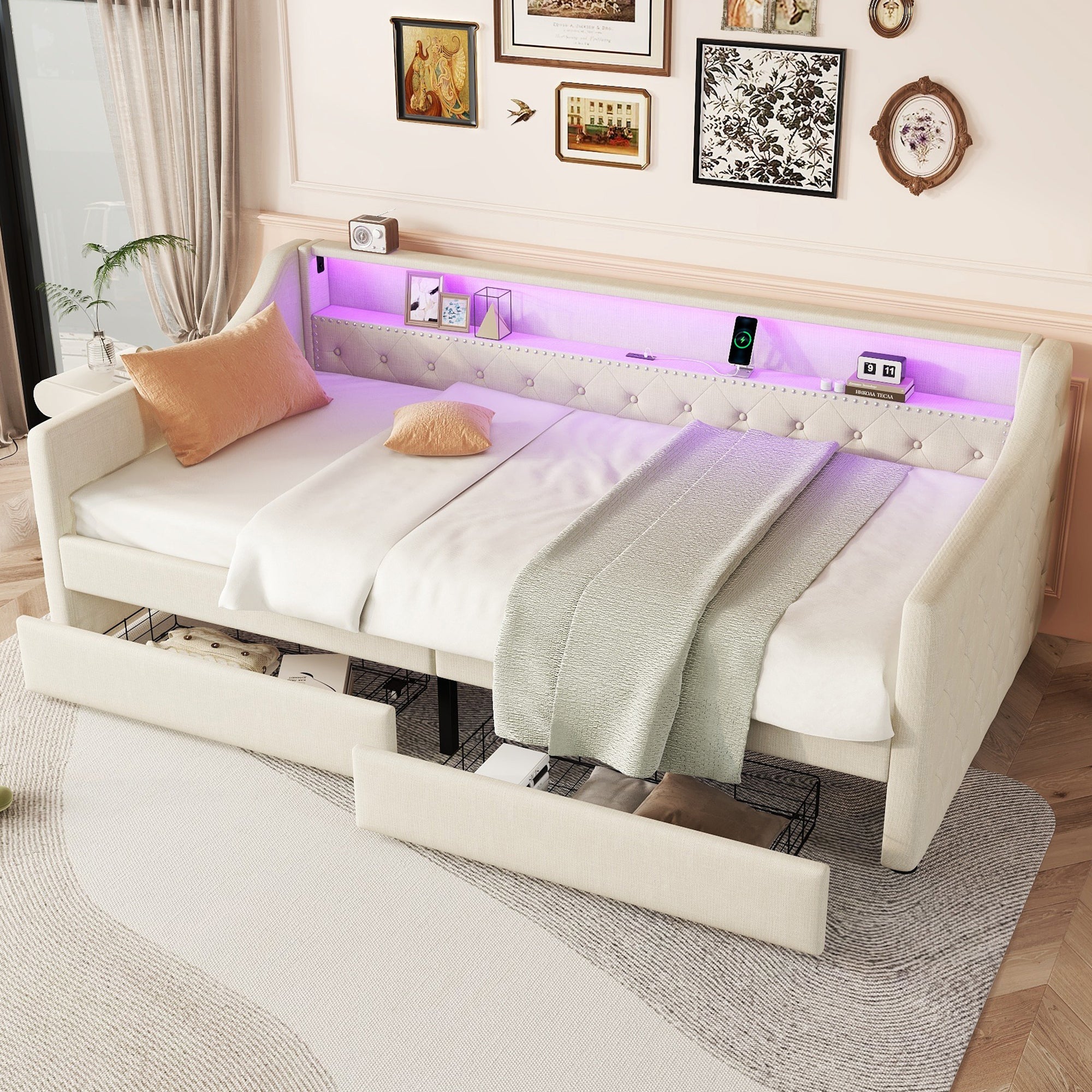 Logidon Daybed 90x200 beige slaapbank met lattenbodem USB-oplaadaansluiting