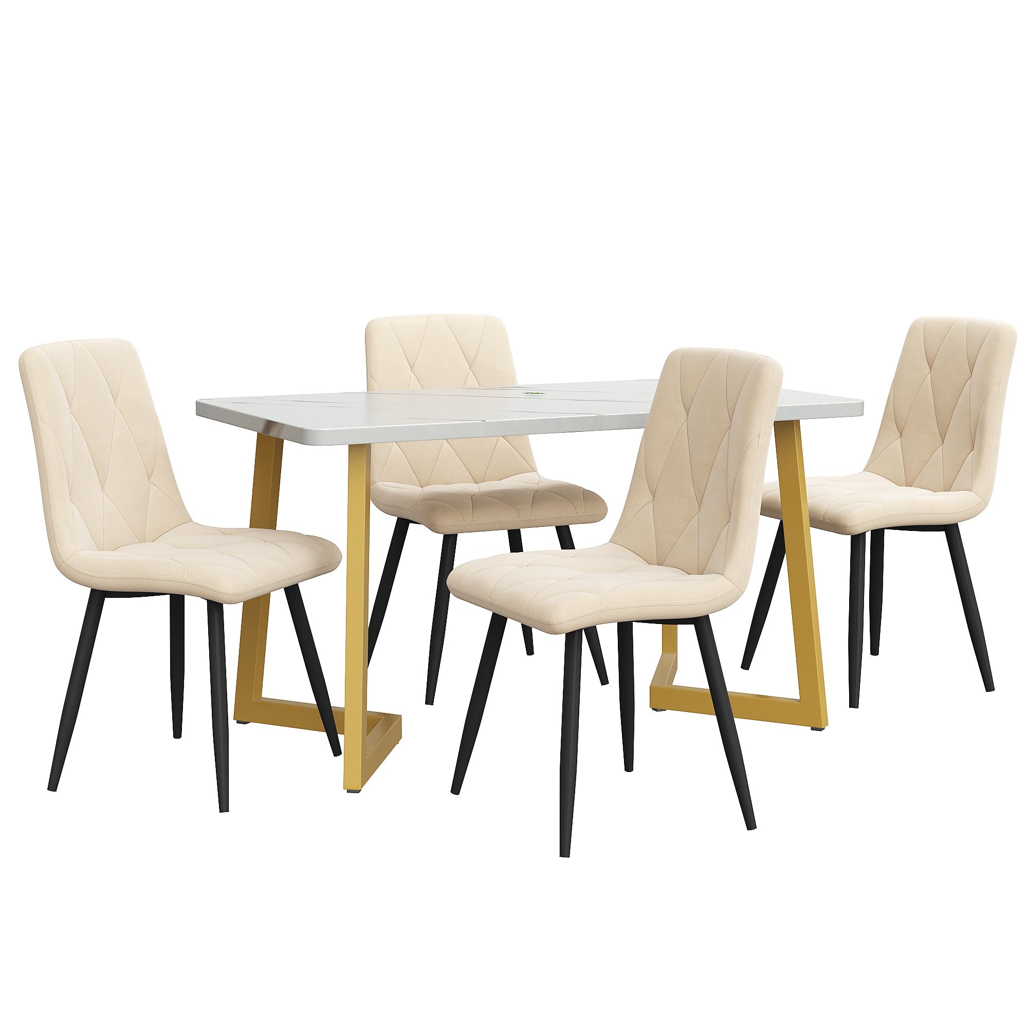Logidon eetgroep 117x68 cm eettafelset beige twill fluwelen stoelen gouden poten