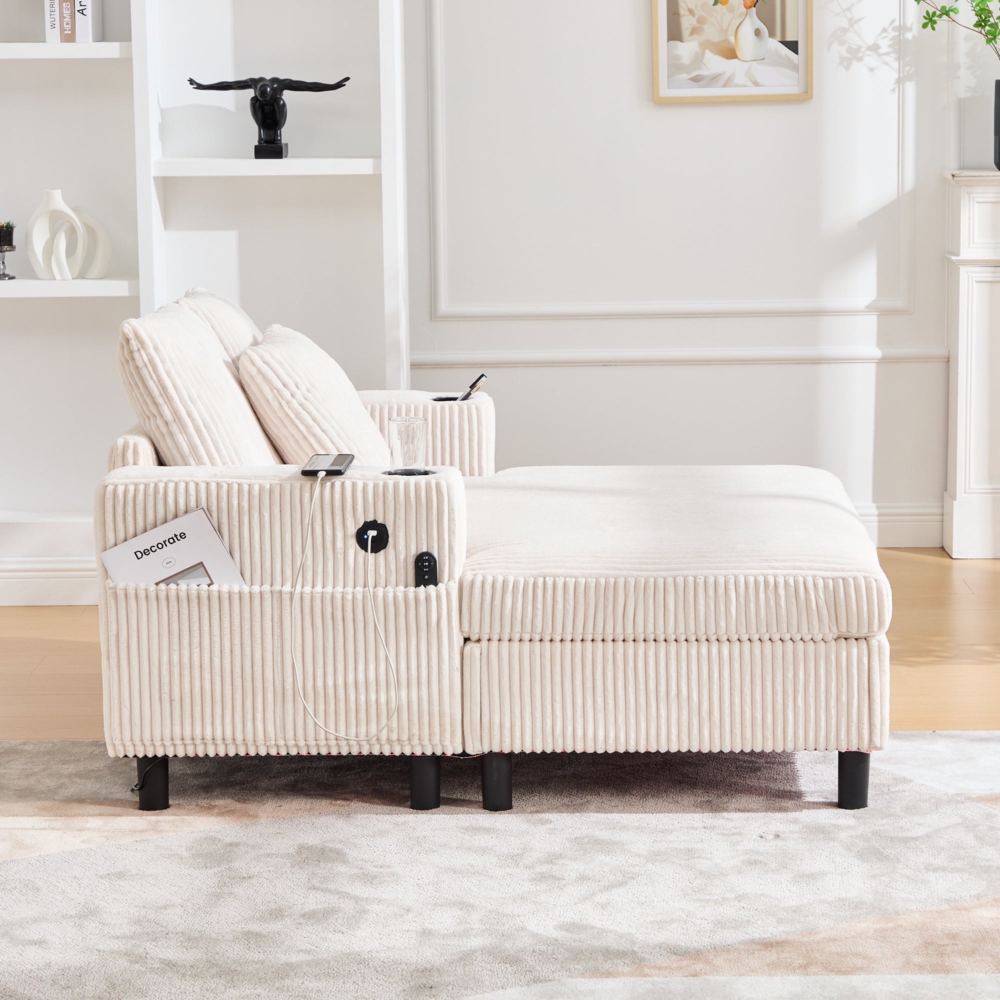 Logidon Chaise Longue Ligstoel Beige Fluweel Met USB LED-verlichting