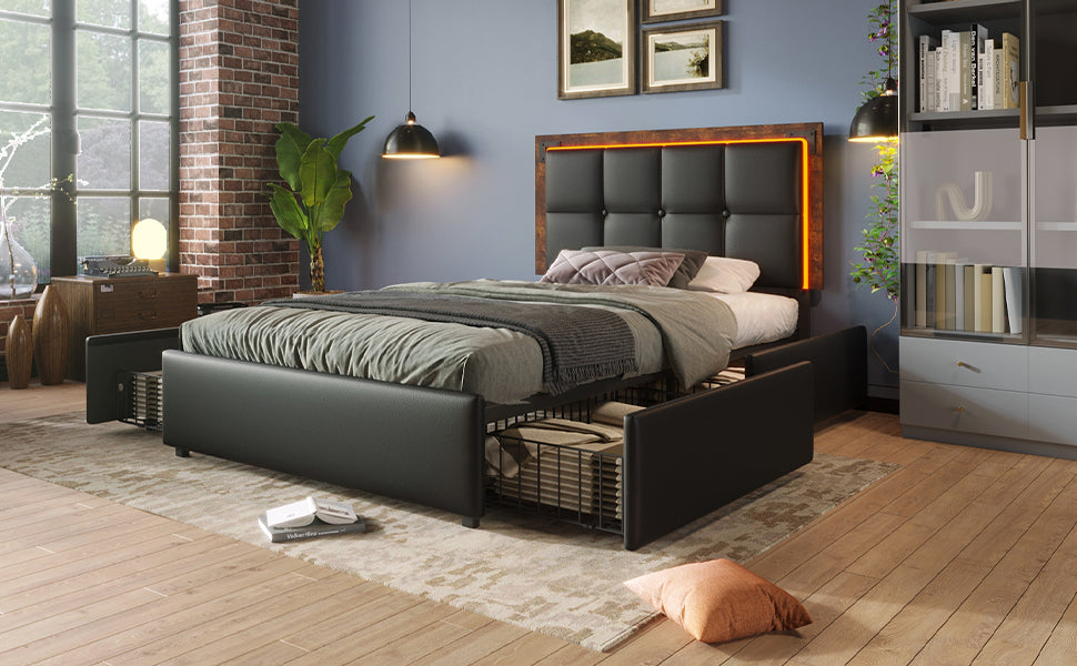 Logidon bedframe 90x200cm met LED-strip en vier lades zwart