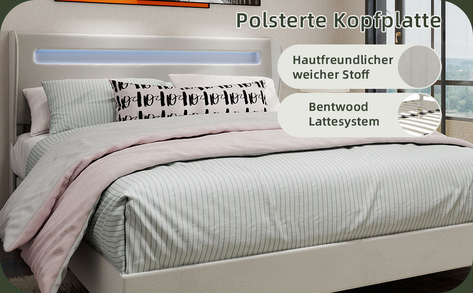 Logidon modern gestoffeerd bed beige 160x200 LED-hoofdeinde