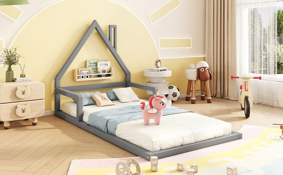 Logidon children's bed 90x200 cm flat bed house shape gray solid wood