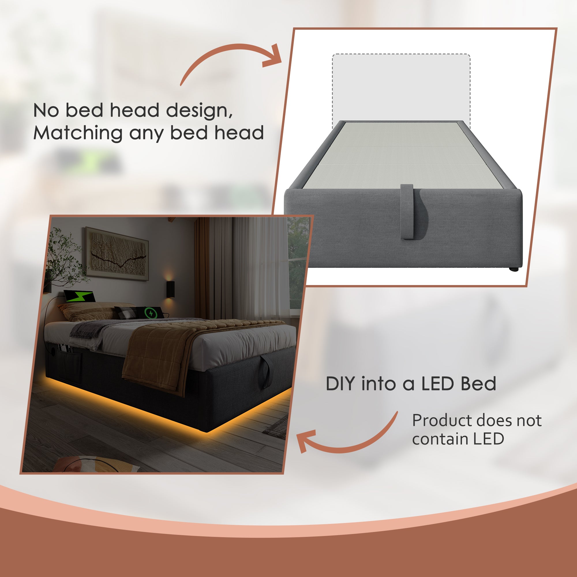 Logidon upholstered bed double bed 140x200 cm with USB C storage space gray