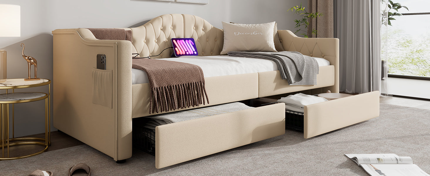 Logidon gestoffeerde slaapbank 90x200 beige USB-oplaadfunctie 2 compartimenten