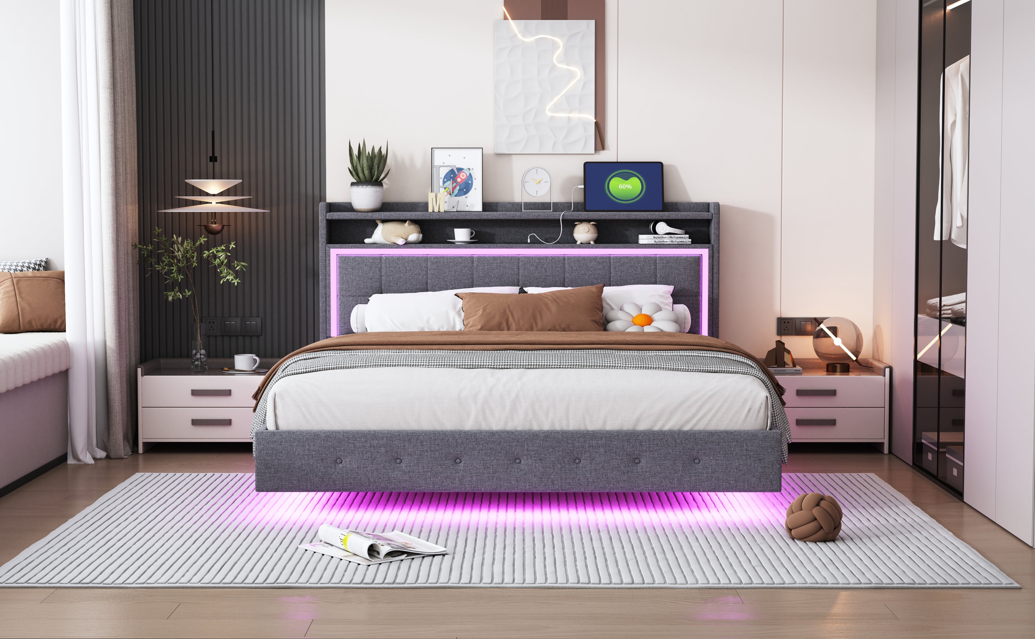 Logidon gestoffeerd bed 160x200 met USB-oplaadfunctie en LED lichtgrijs