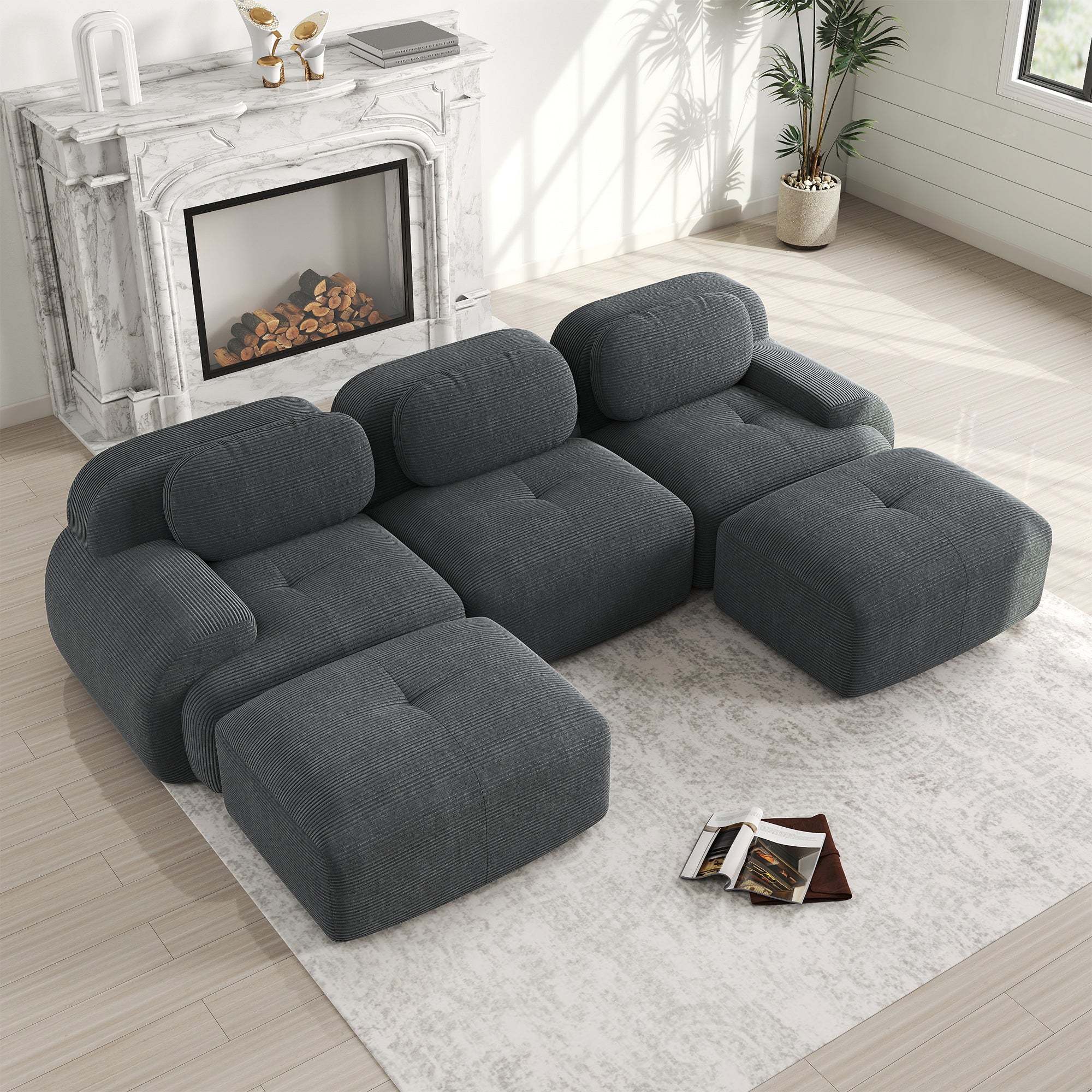 Logidon Modular U Sofa Cord Fabric Gray Non-Slip Pet Friendly