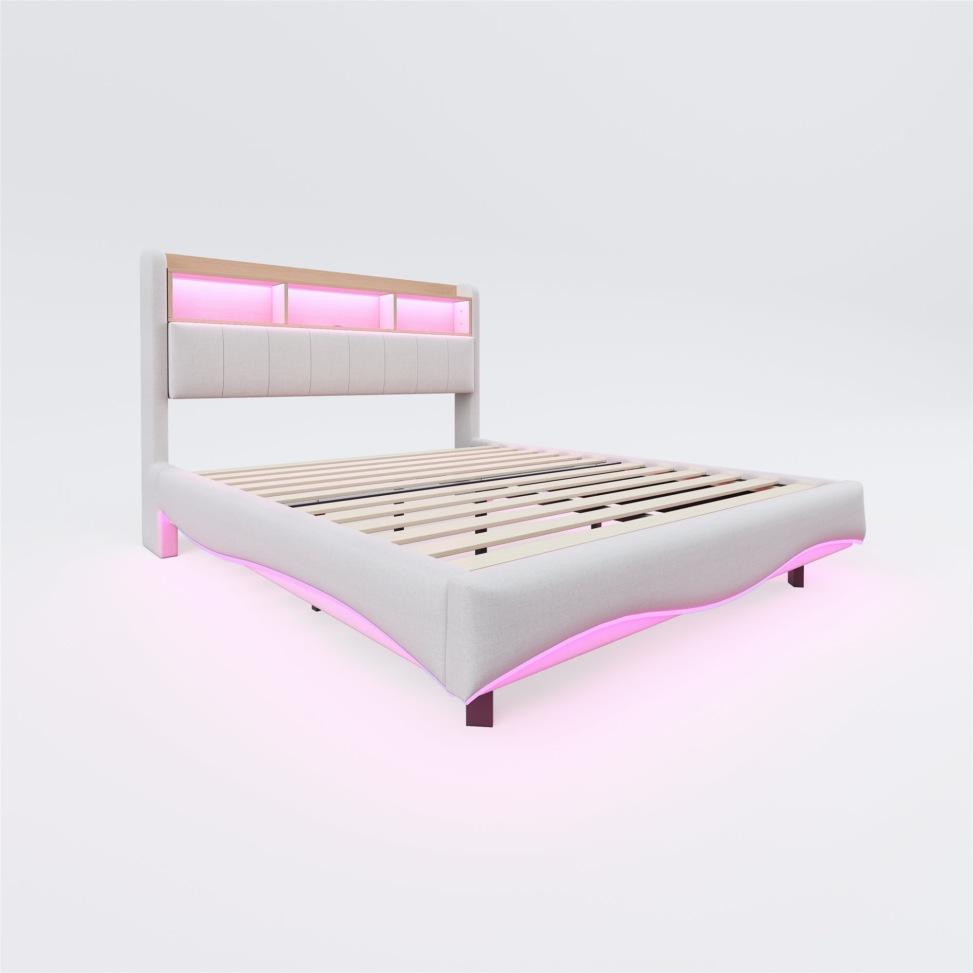 Logidon hangend gestoffeerd bed 160x200 beige met LED-licht USB C