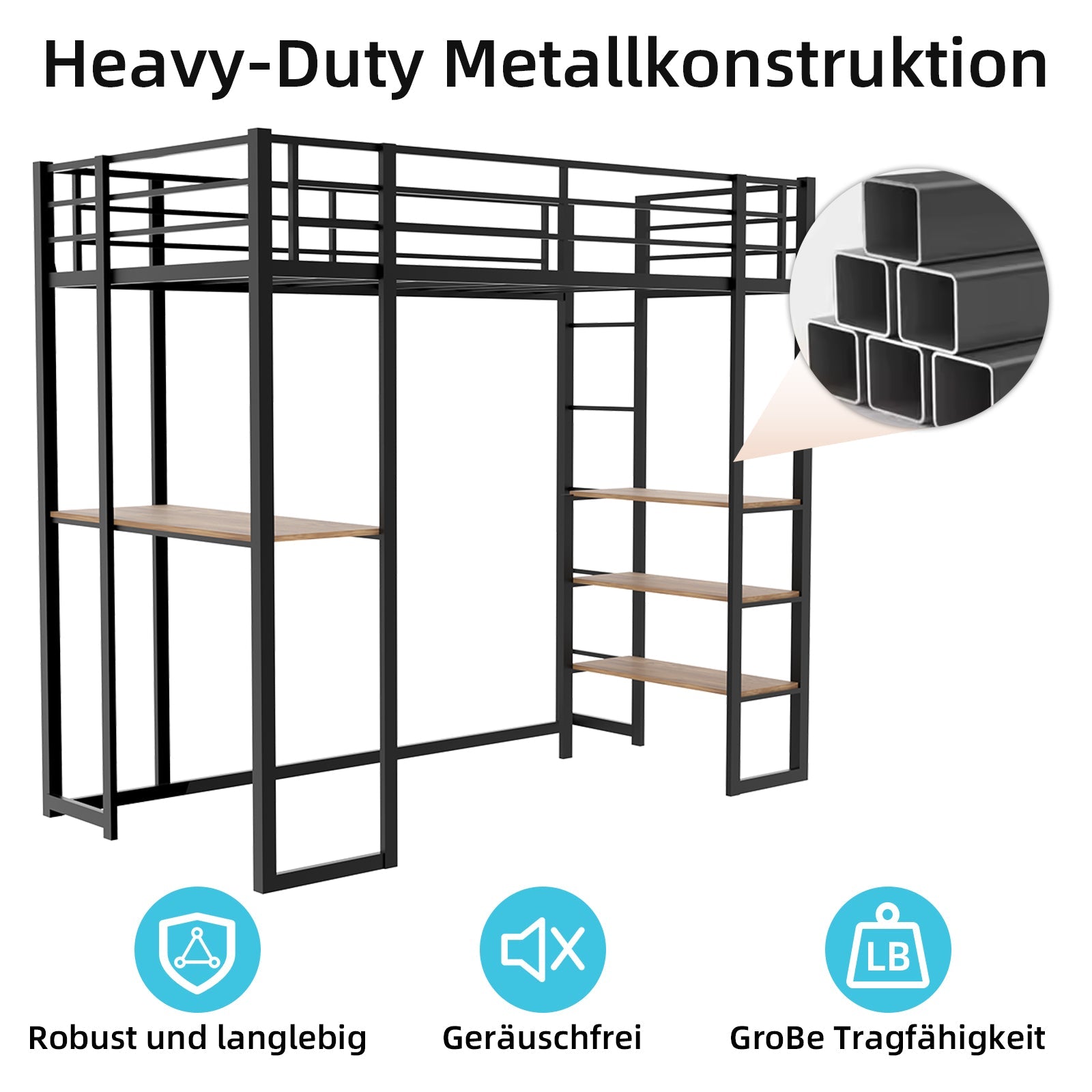 Logidon ijzeren framebed met L-bureau en trap zwart