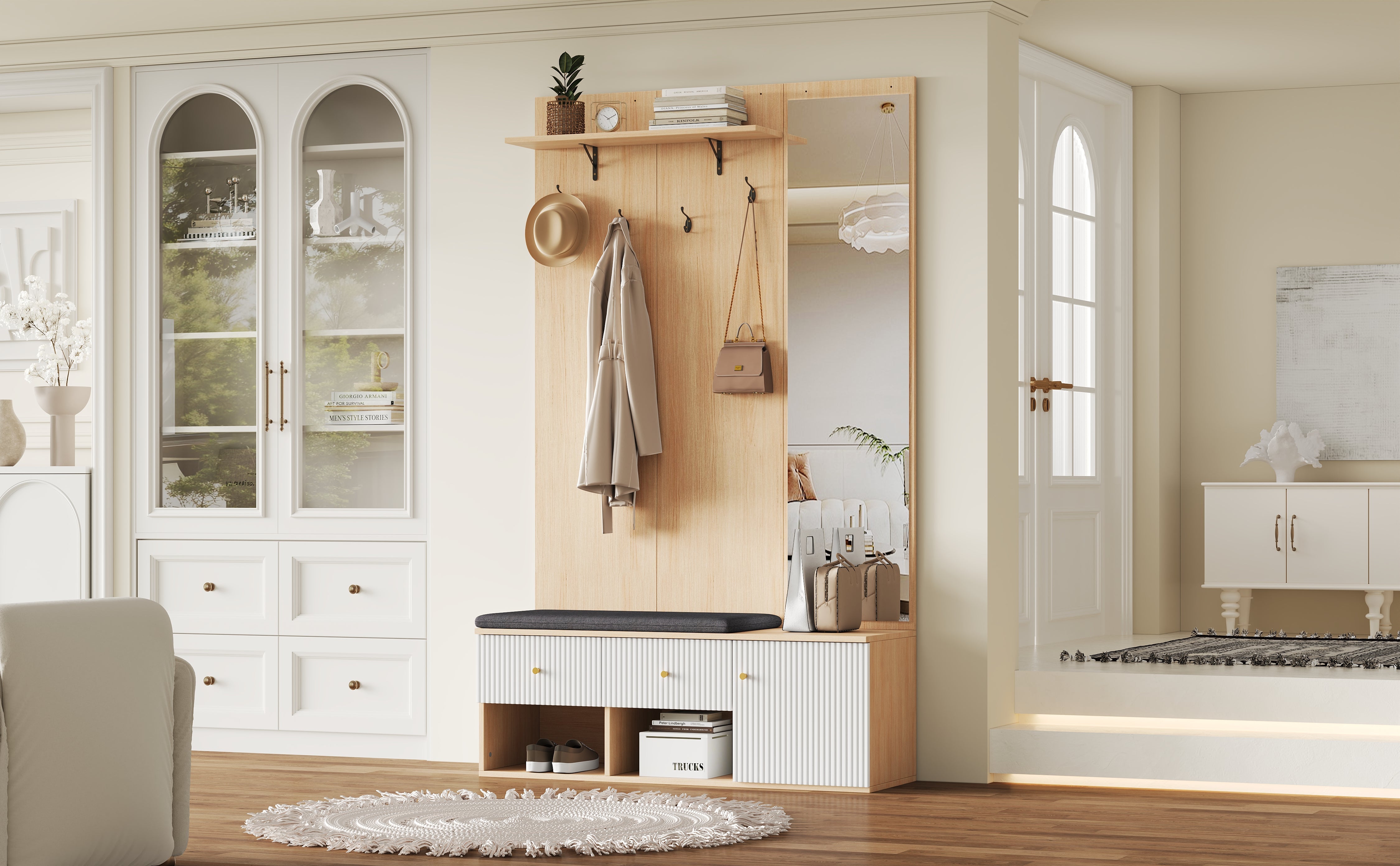 Logidon garderobekast 120x40x200 cm spiegel schoenenbank wit hout