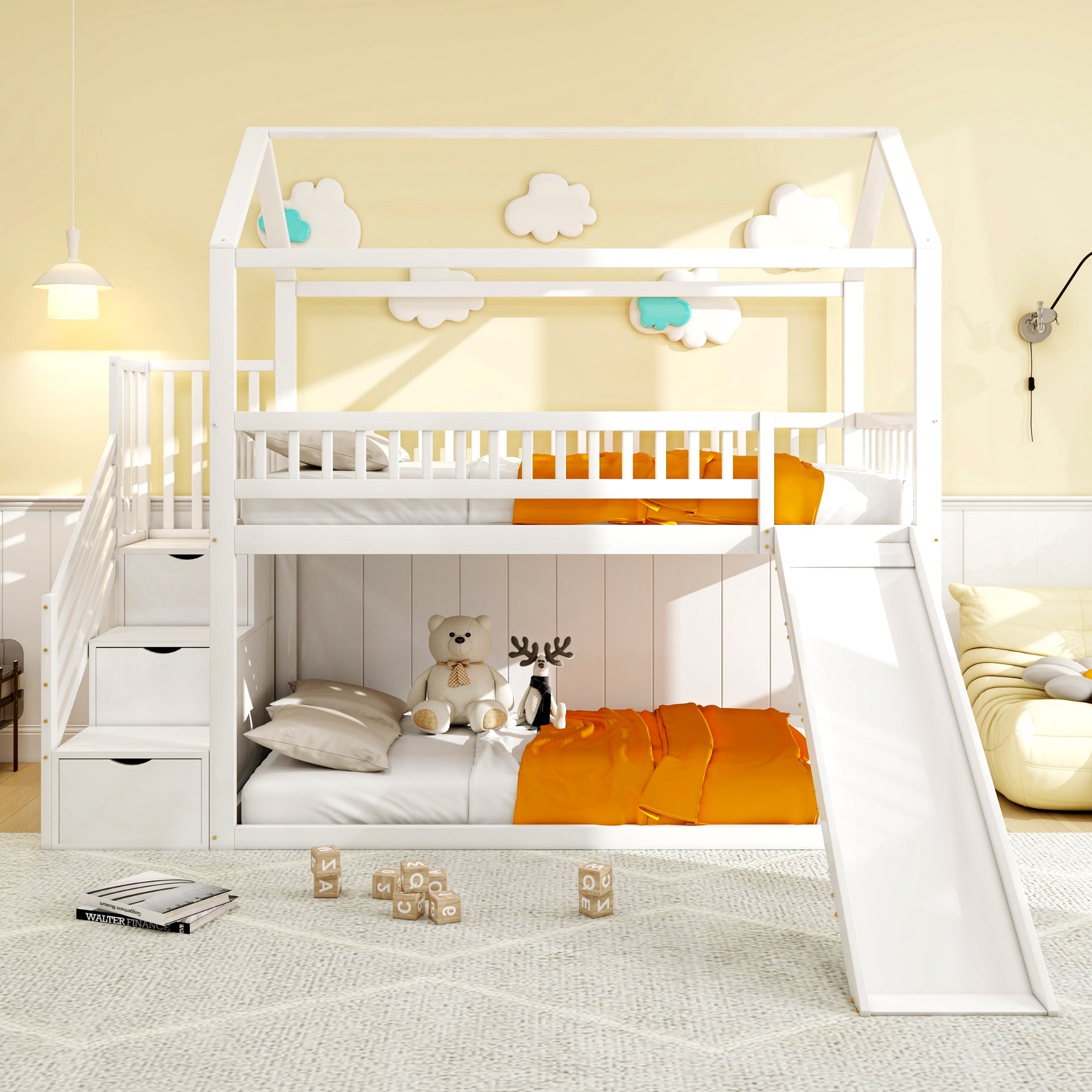 Logidon hoogslaper kinderstapelbed 90x200 wit glijbaan met opbergladder