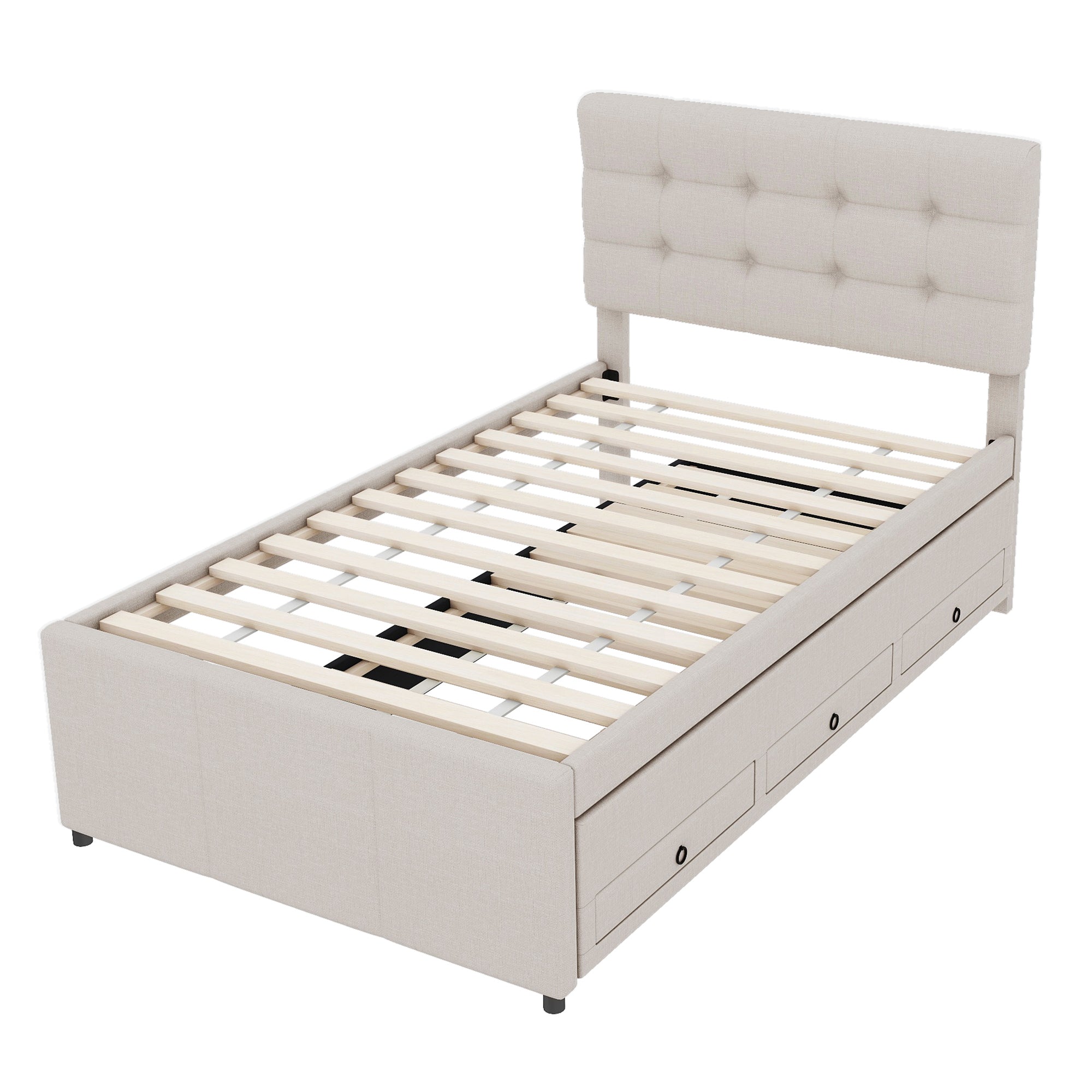 Logidon gestoffeerd bed 90x200 beige uitschuifbaar onderschuifbed 3 lades