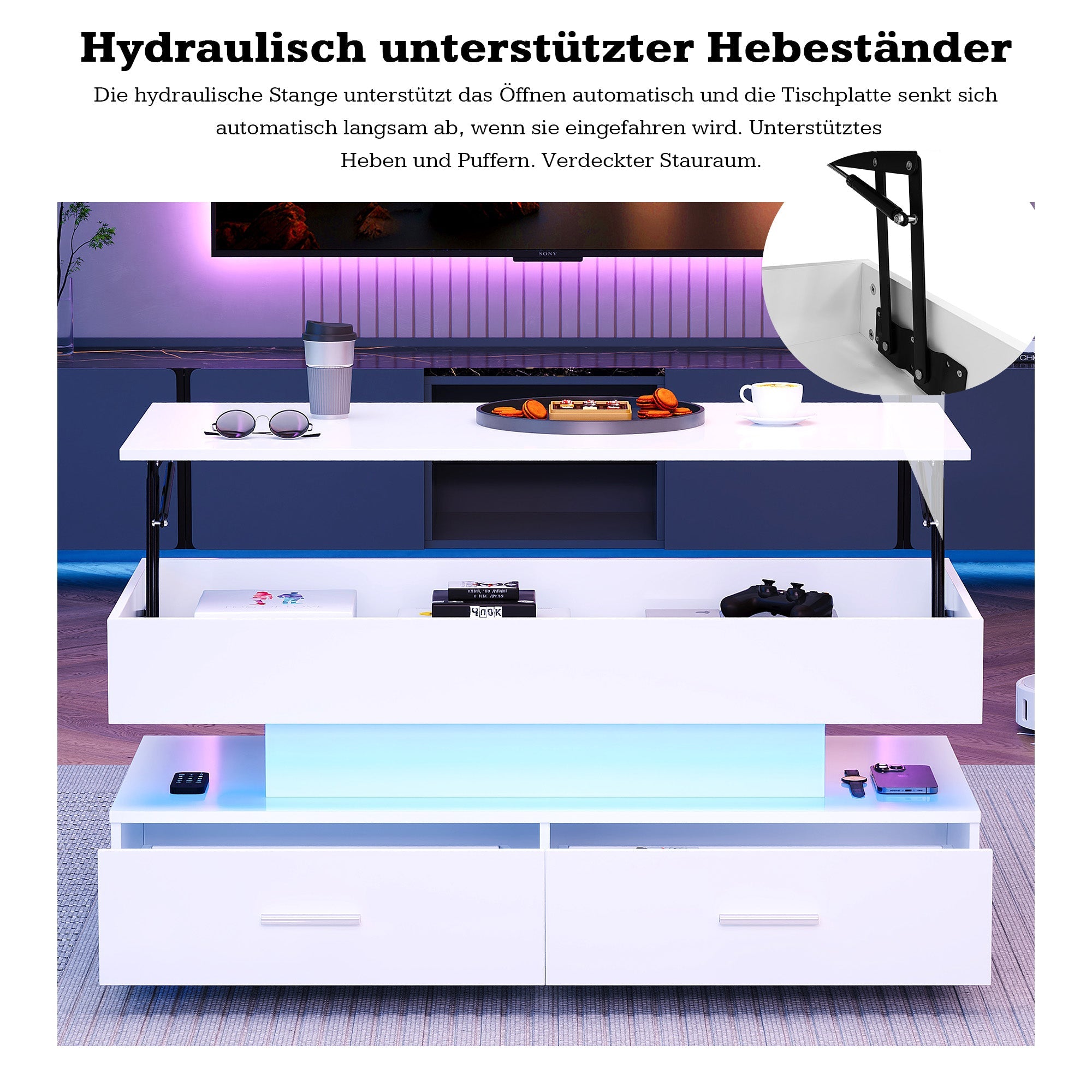 Logidon Hydraulisch in hoogte verstelbare salontafel 100x50x44 cm Wit LED