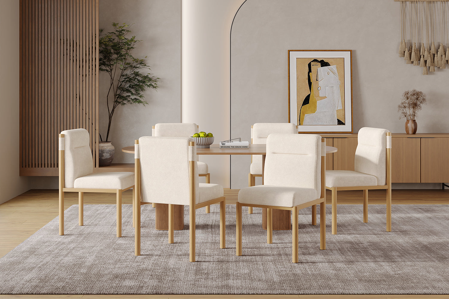 Logidon eetkamerstoelen set van 2 beige Sherpa stof eikenhoutlook