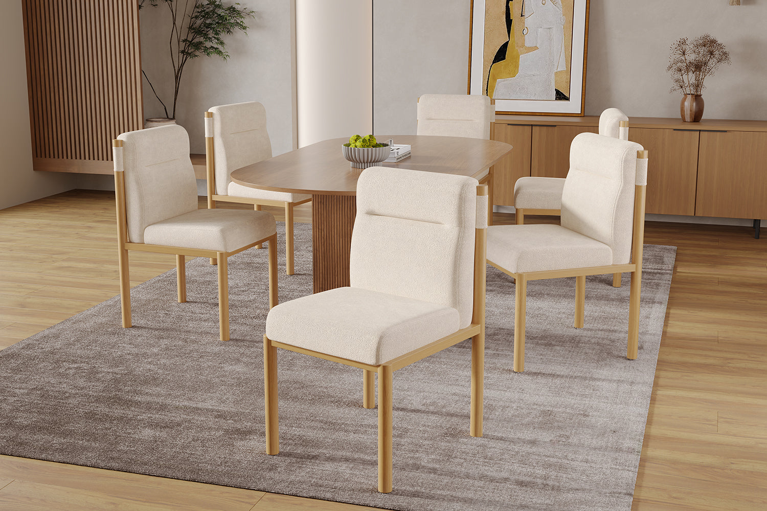 Logidon eetkamerstoelen set van 2 beige Sherpa stof eikenhoutlook