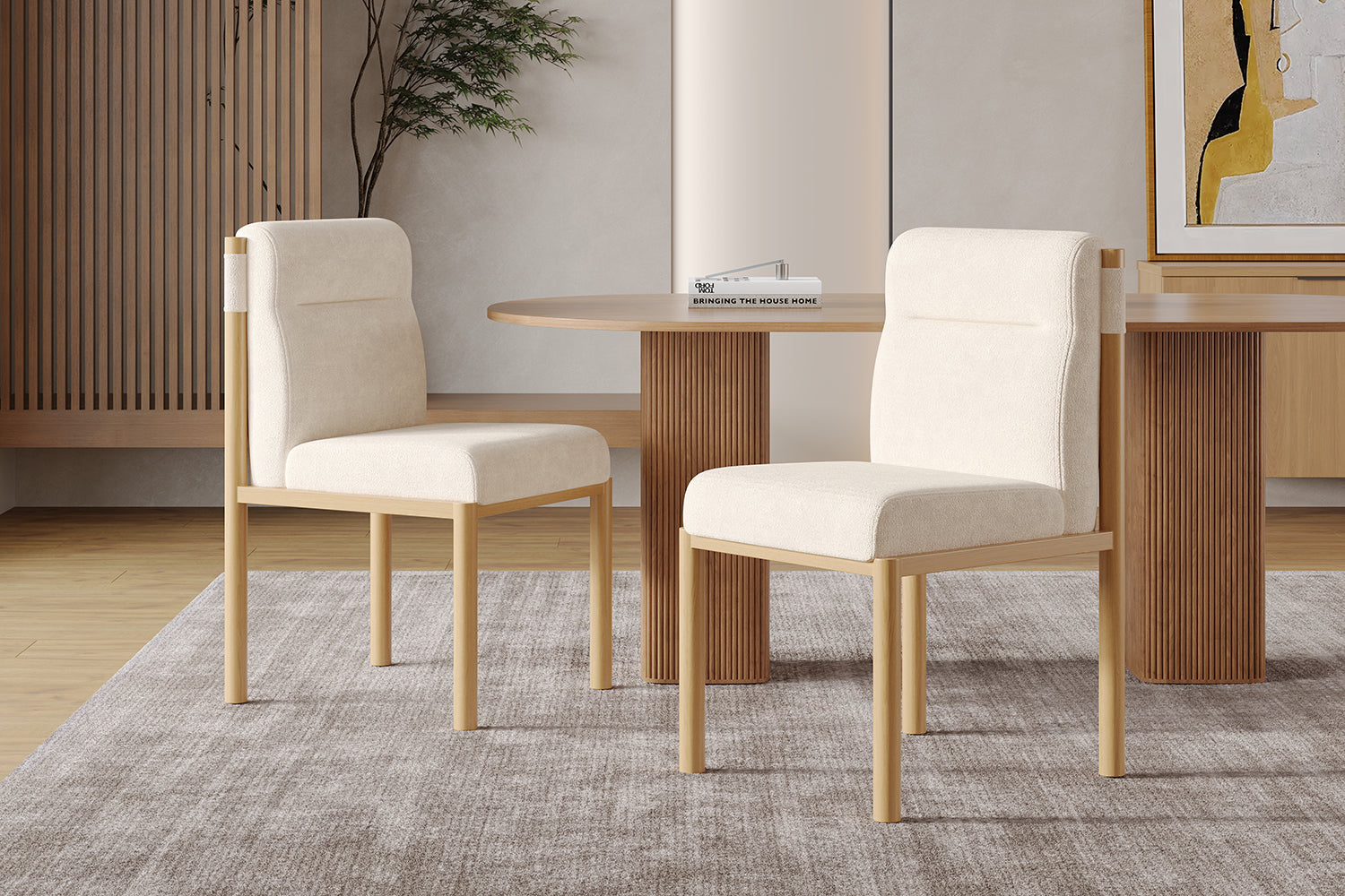 Logidon eetkamerstoelen set van 2 beige Sherpa stof eikenhoutlook