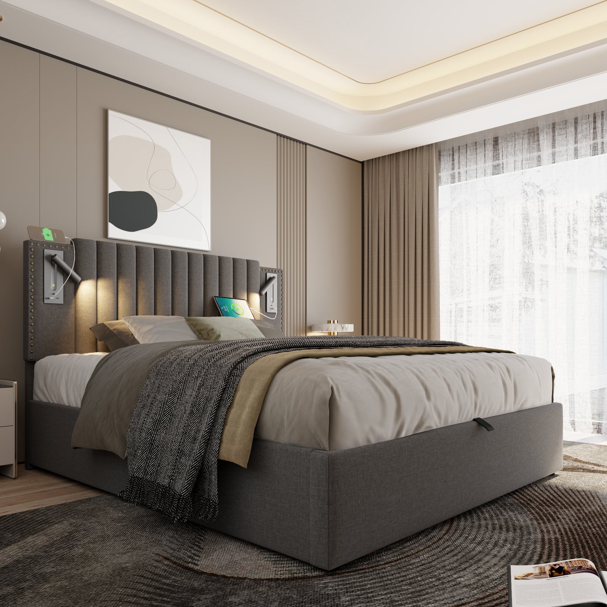 Logidon gestoffeerd bed 180x200 grijs met opbergruimte en USB-oplaadfunctie