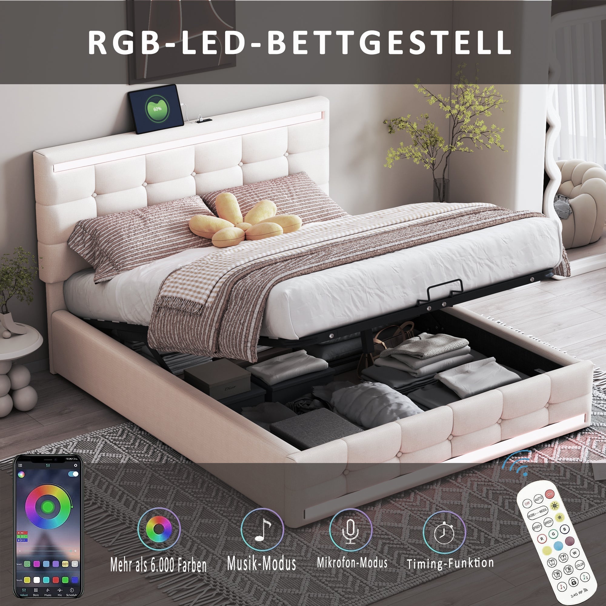 Logidon gestoffeerd bed 140x200 beige met LED verlichting en opbergruimte