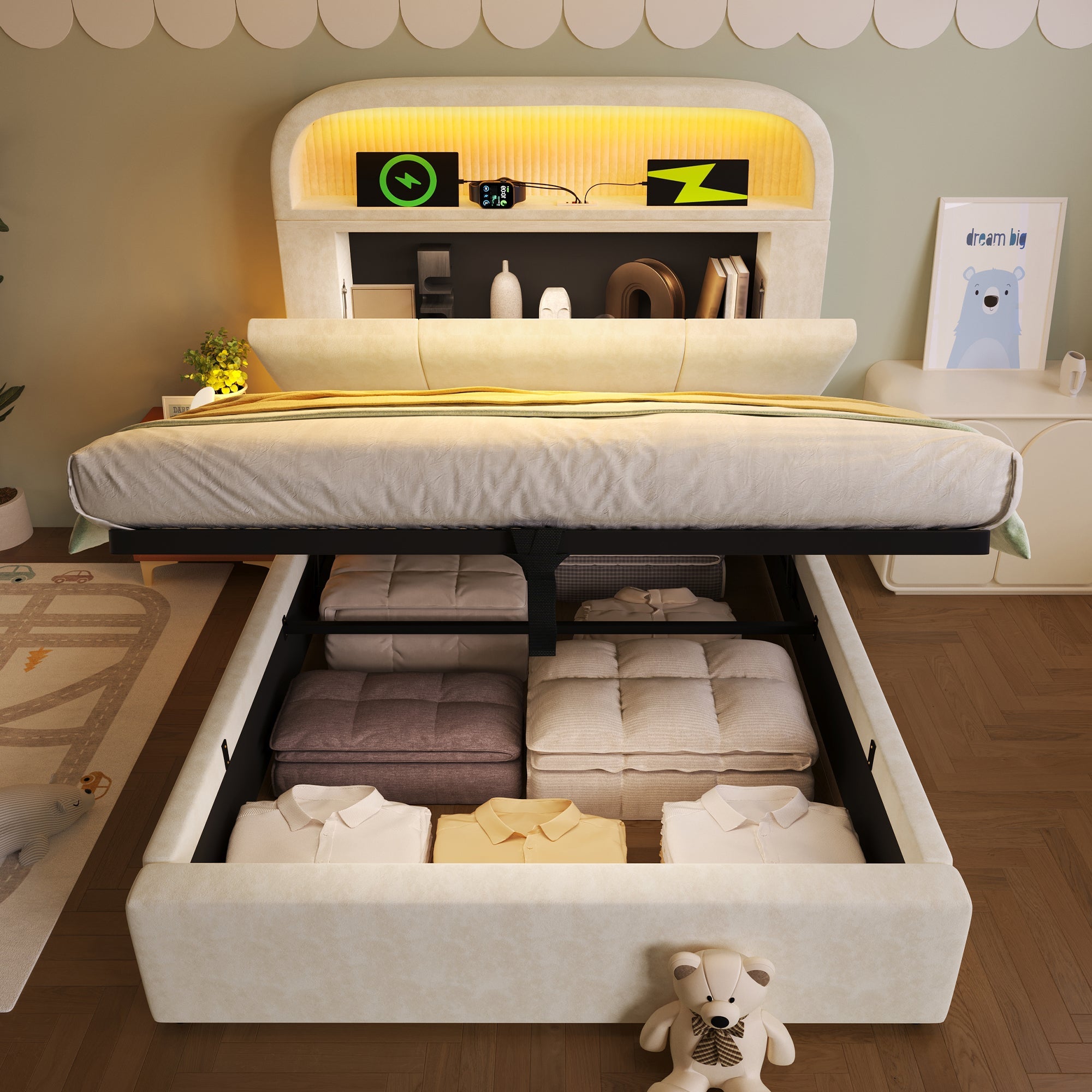 Logidon gestoffeerd bed 90x200 cm beige fluweel met opbergruimte hoofdbord, LED