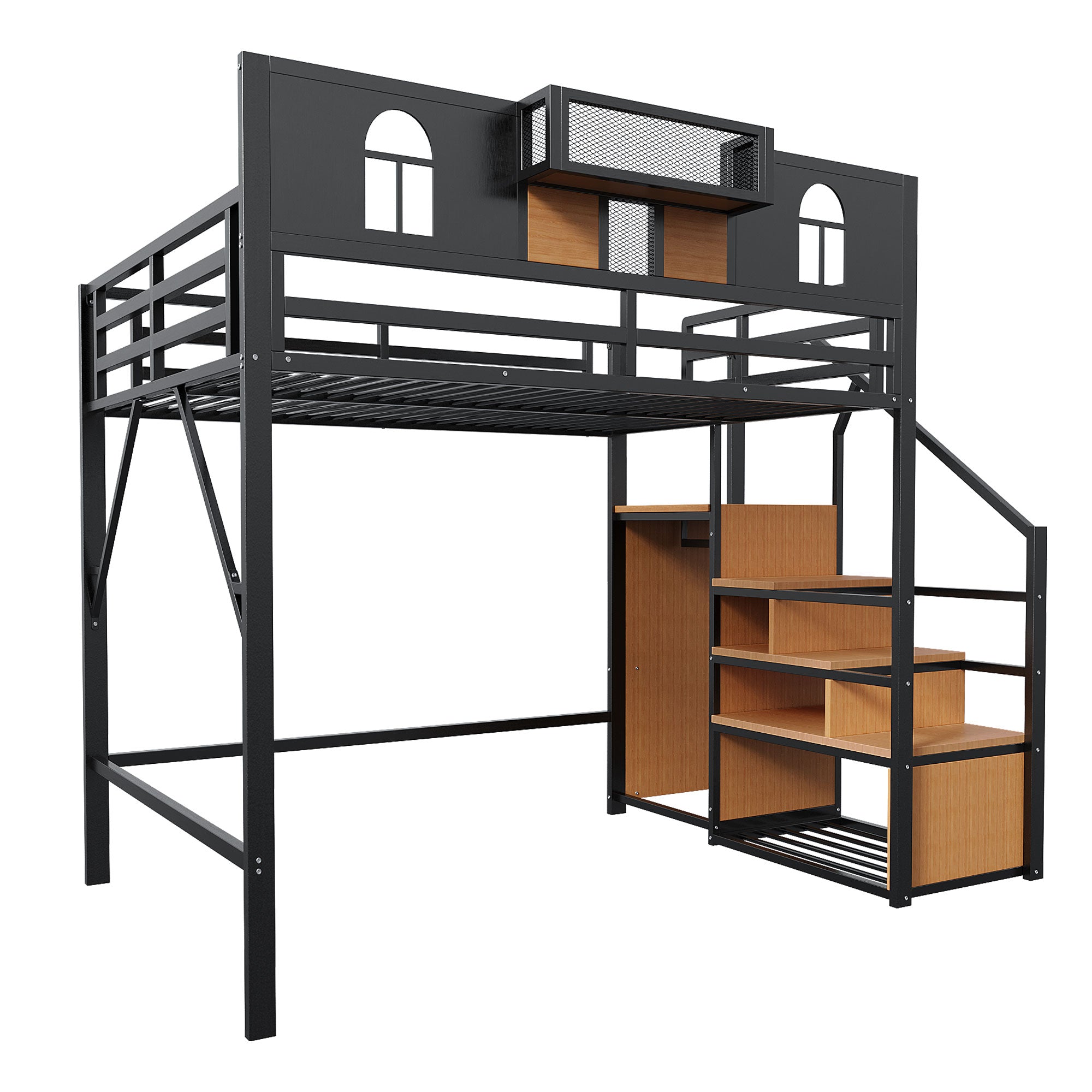 Logidon metalen hoogslaper 140x200 zwart met opbergladder