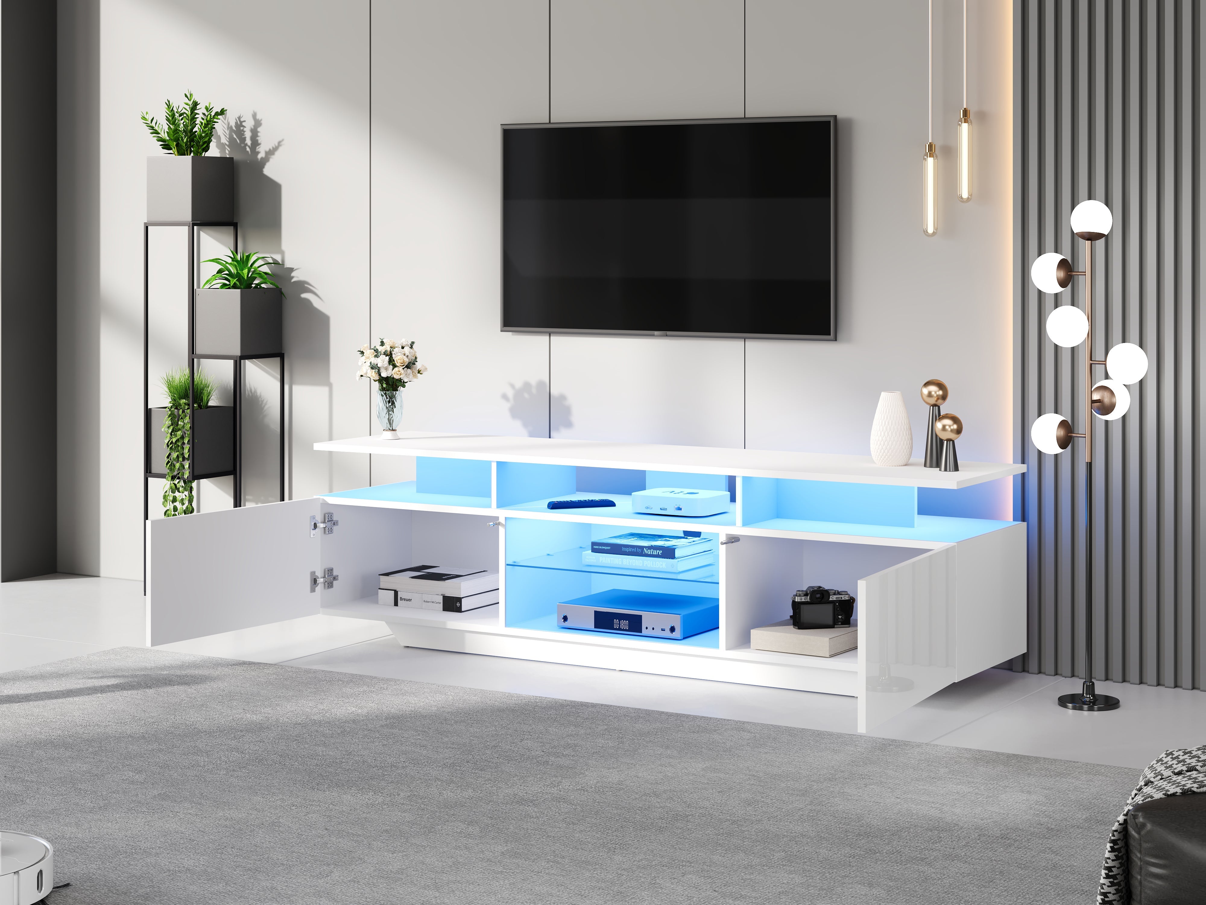 Logidon TV-meubel hoogglans wit 160 x 40 x 45 cm met LED lichtstrip glasplanken