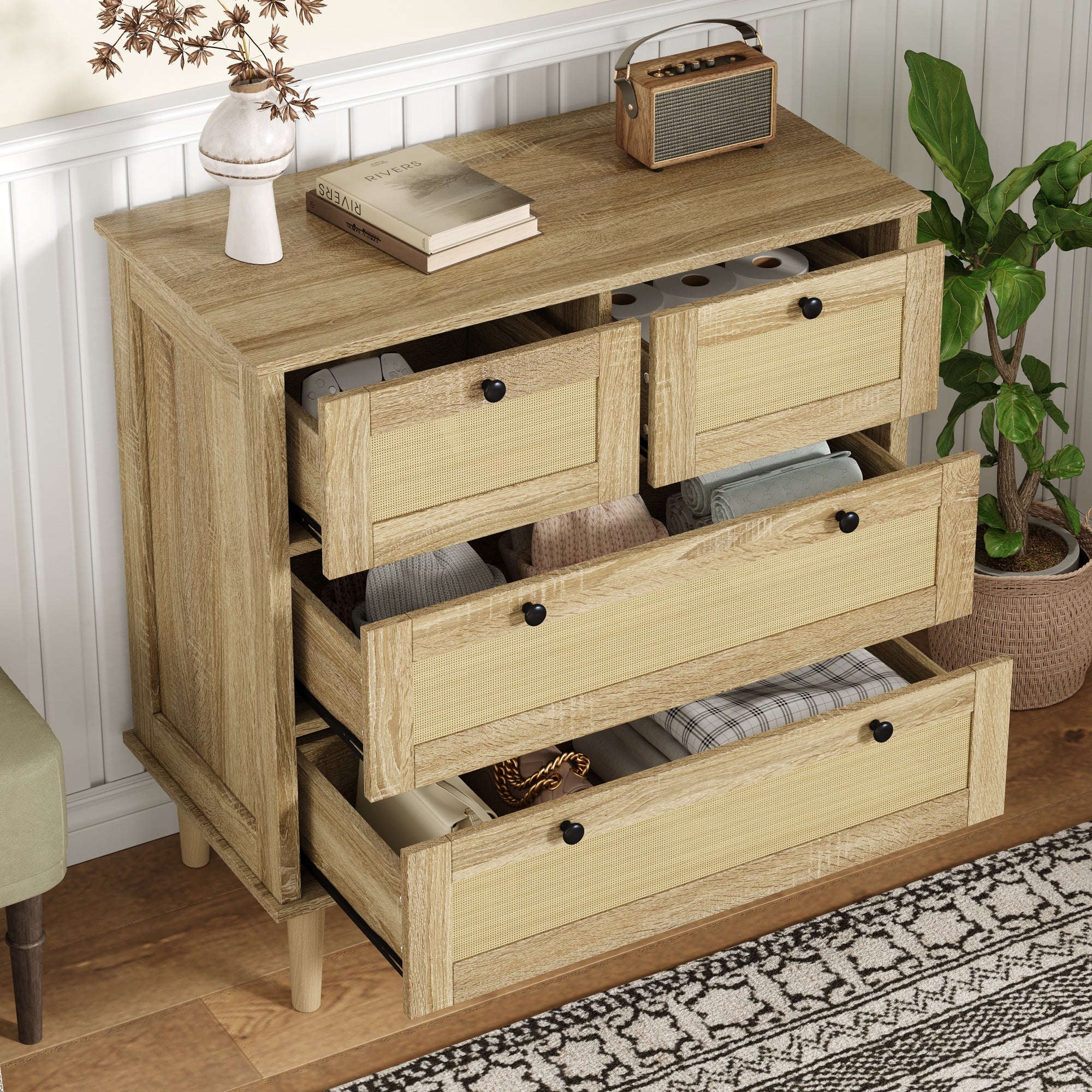 Logidon ladekast met 4 lades en rotan front naturel 80x40x80 cm