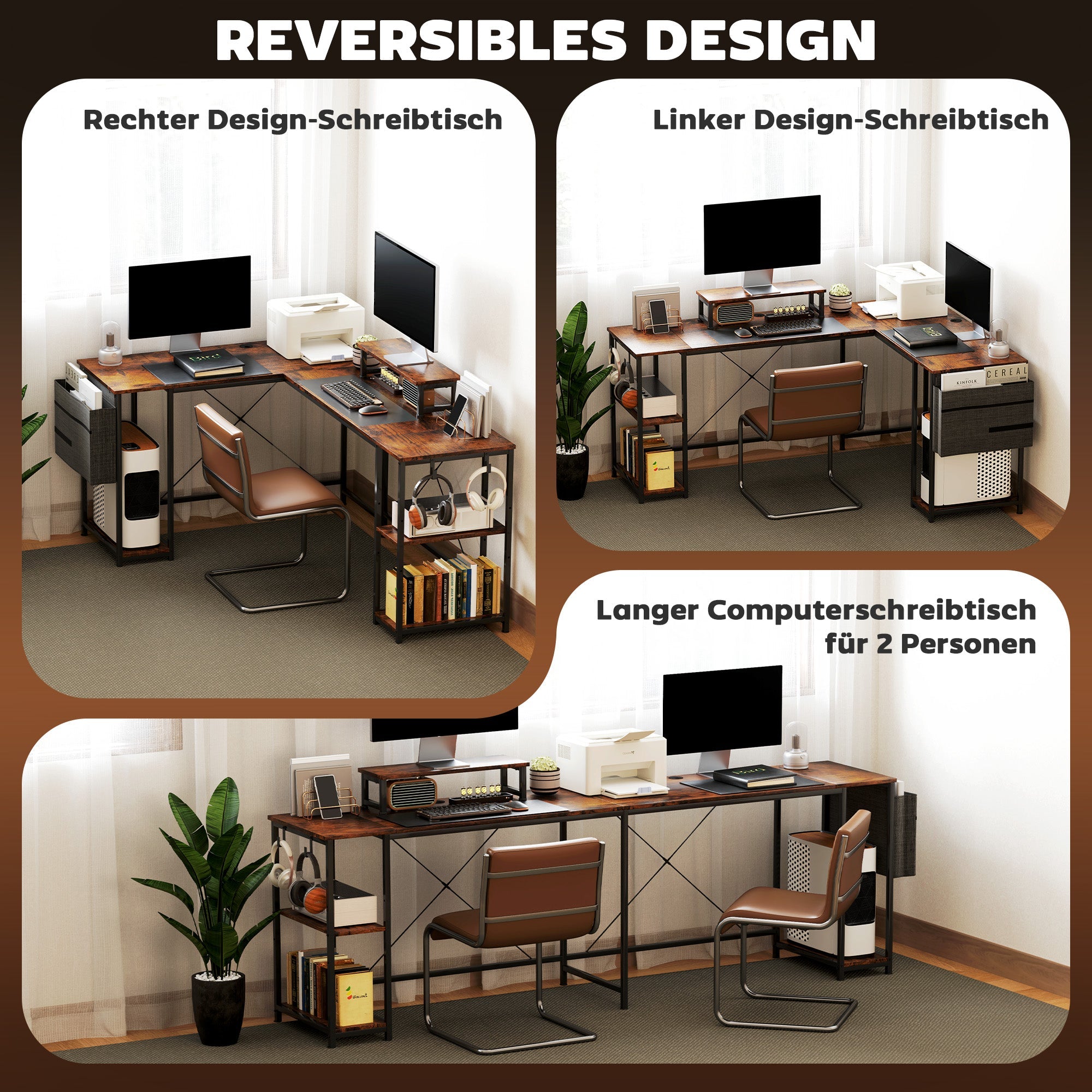 Logidon L-vormig bureau 168x120 cm rustiek bruine monitorstandaard