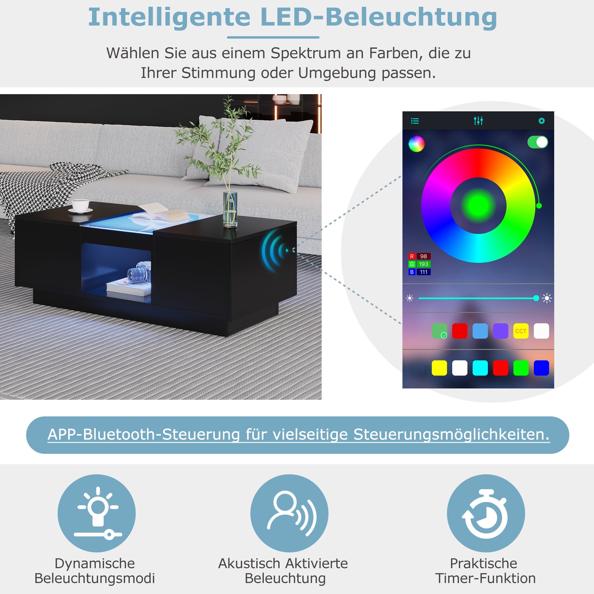 Logidon Zwarte salontafel 100x50x35,5 cm glaspanelen LED