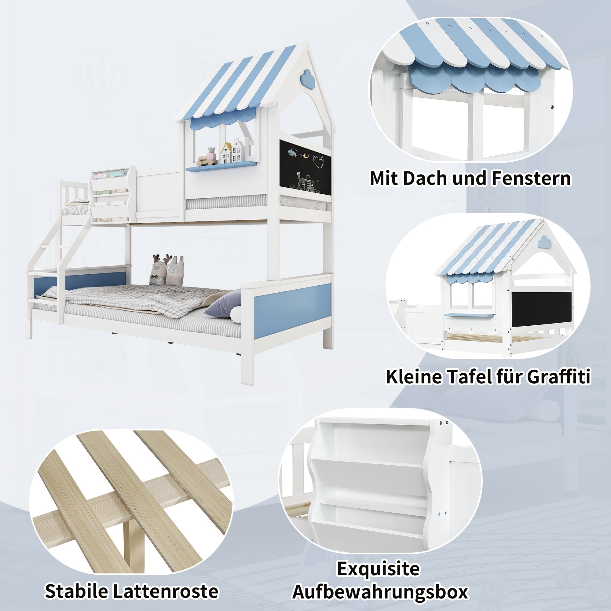 Logidon stapelbed kinderbed met opbergruimte 90x200/120x200 wit-blauw