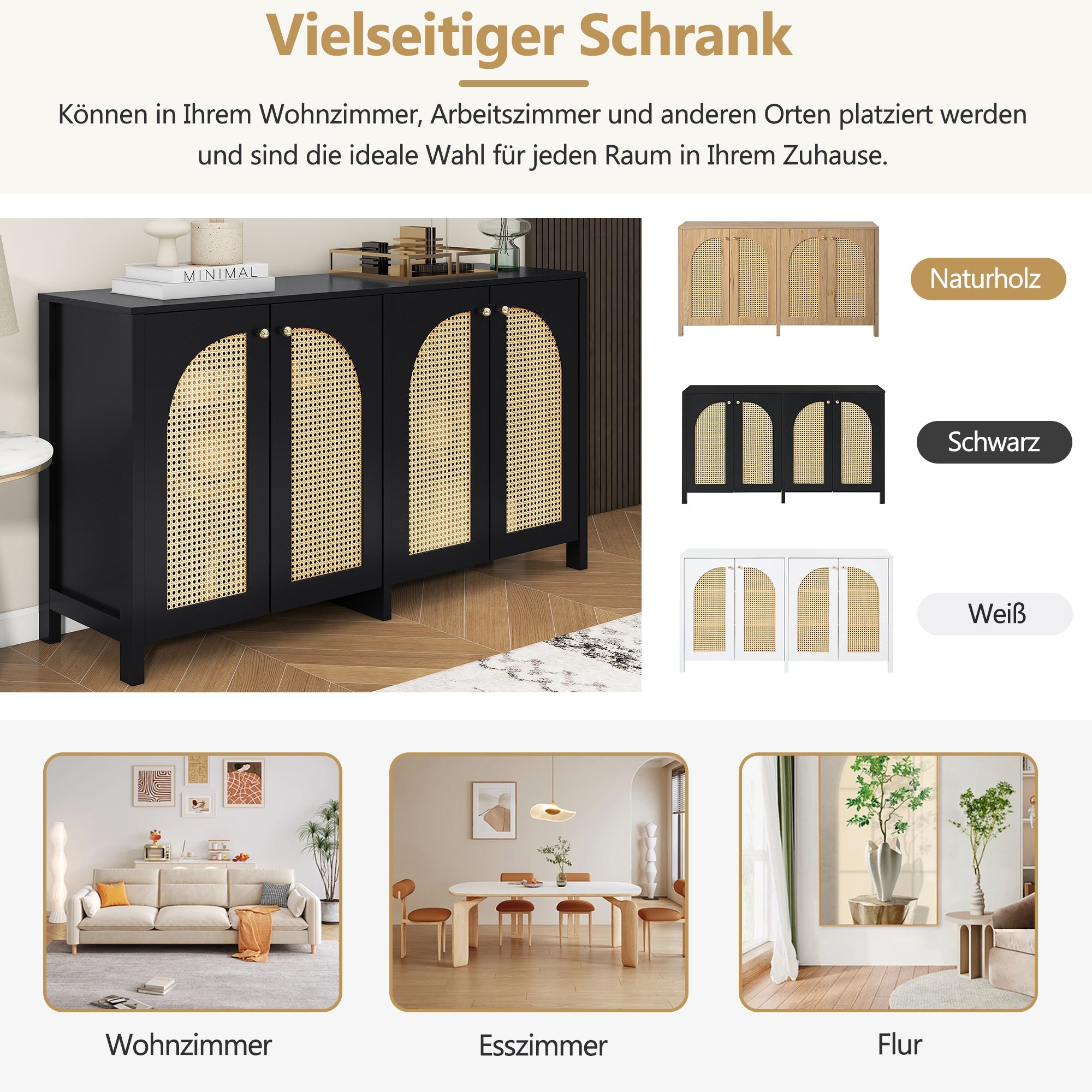 Logidon Dressoir Zwart Met Rotan Deuren Modern Buffet 145x40x80