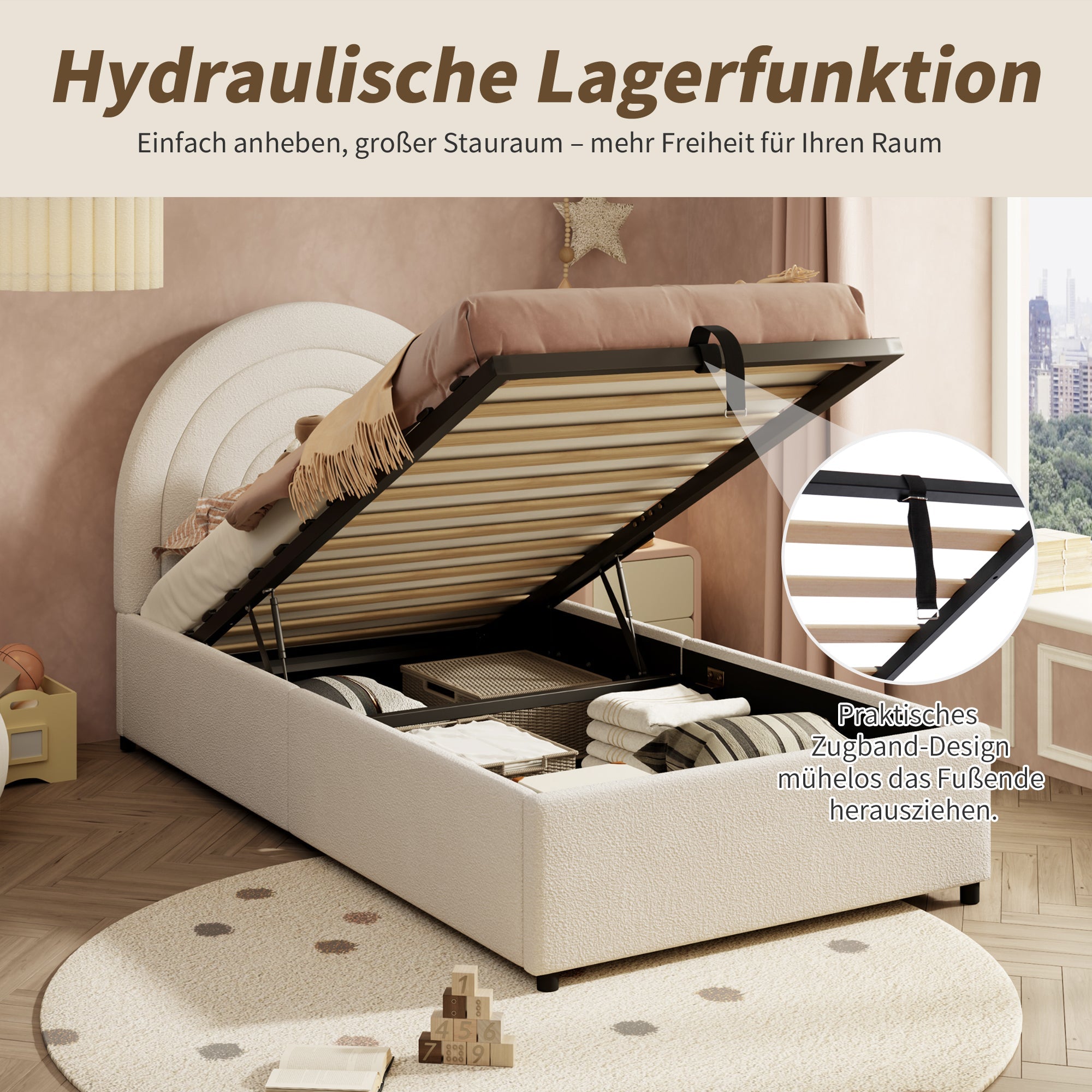 Logidon kinderbed 90x200 beige bouclé hoofdbord lattenbodem
