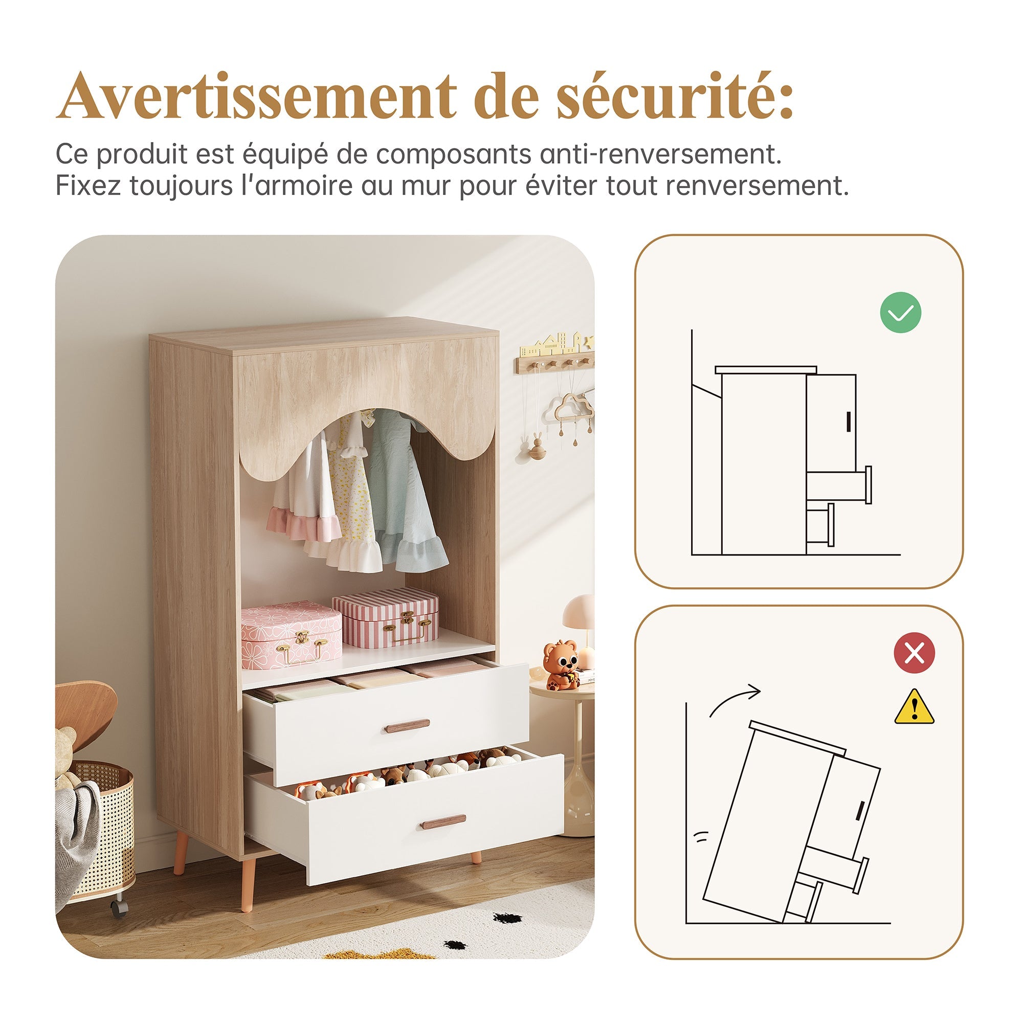 Logidon Children's Wardrobe Sliding Door Open Wardrobe White Natural Wood 141.5 cm